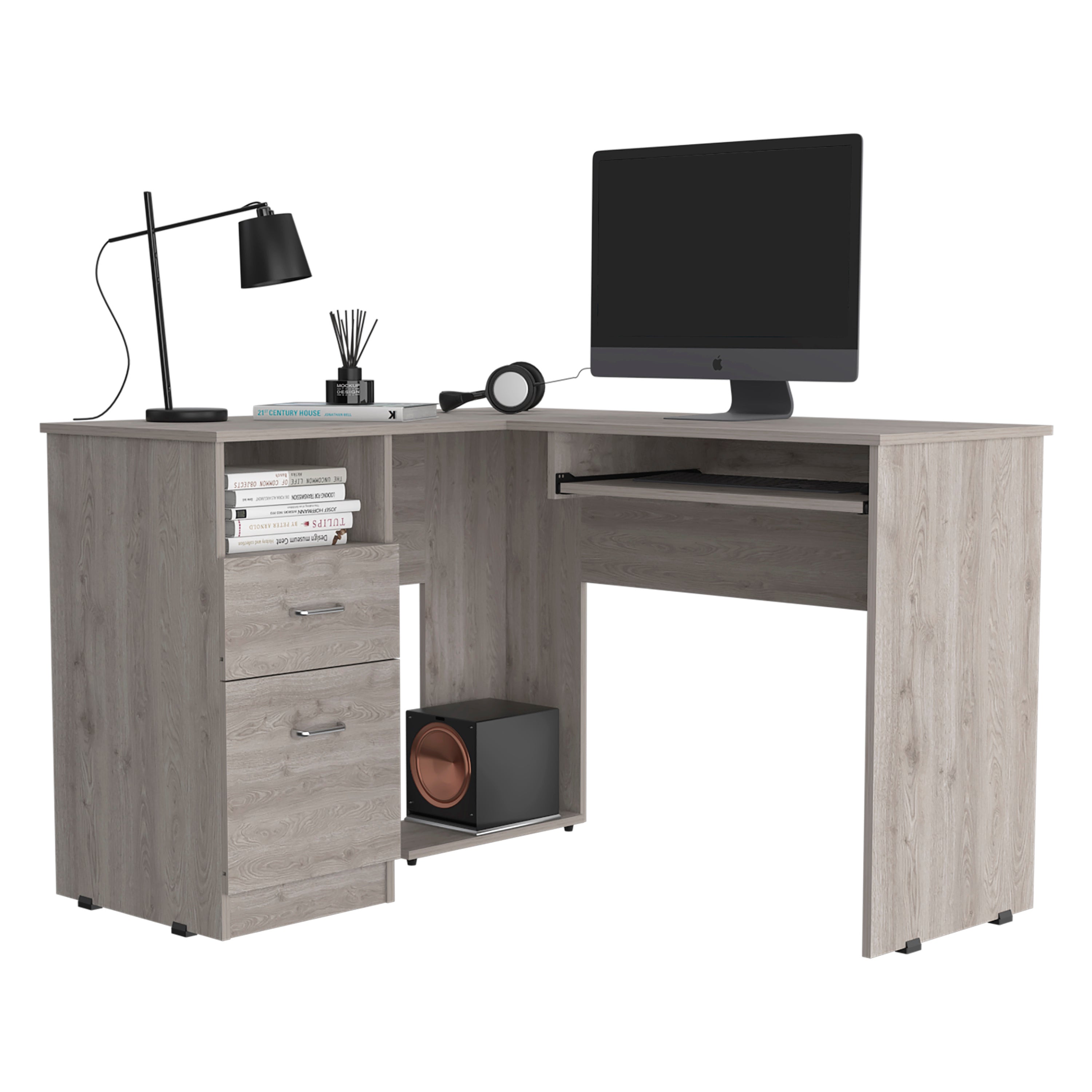 L-Shaped Desk Bradford, Keyboard Shelf, Light Gray Finish