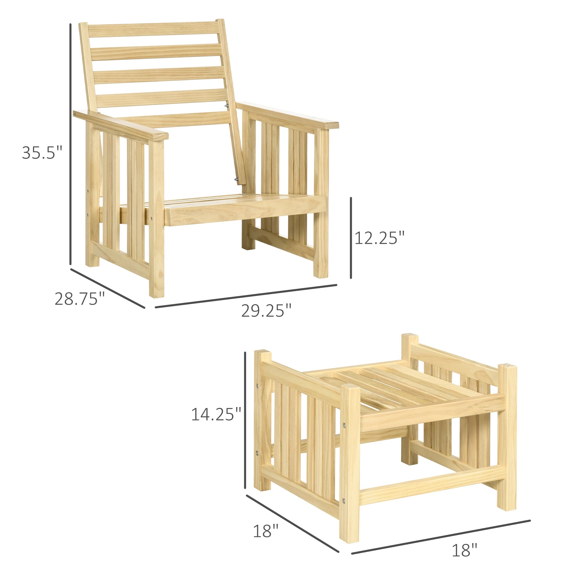 Outsunny Patio Furniture Set, Wood Outdoor Patio Chair with Ottoman, 2 Piece Cushioned Outdoor Lounge Chair, Sofa Chair with Footrest, Beige