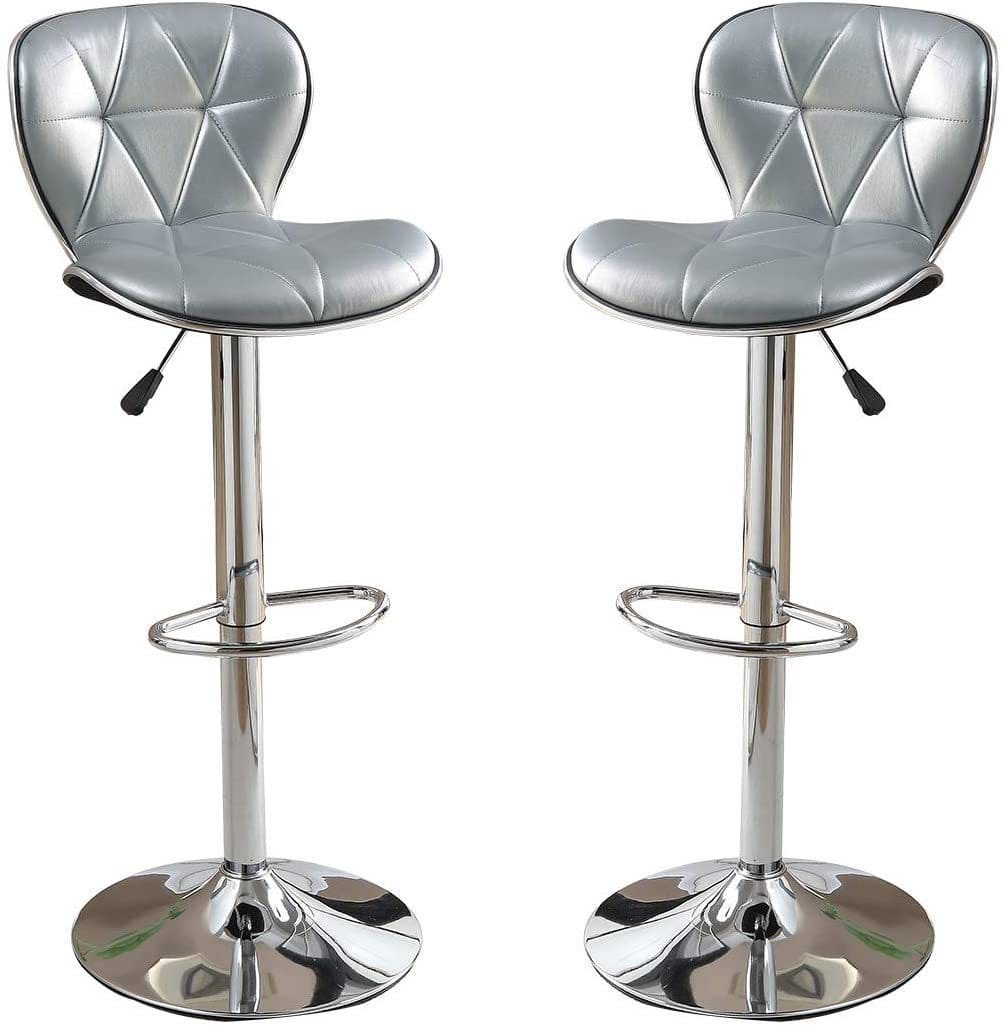 Silver / Grey Faux Leather PVC Stool Counter Height Chairs Set of 2 Adjustable Height Kitchen Island Stools Chrome Base.