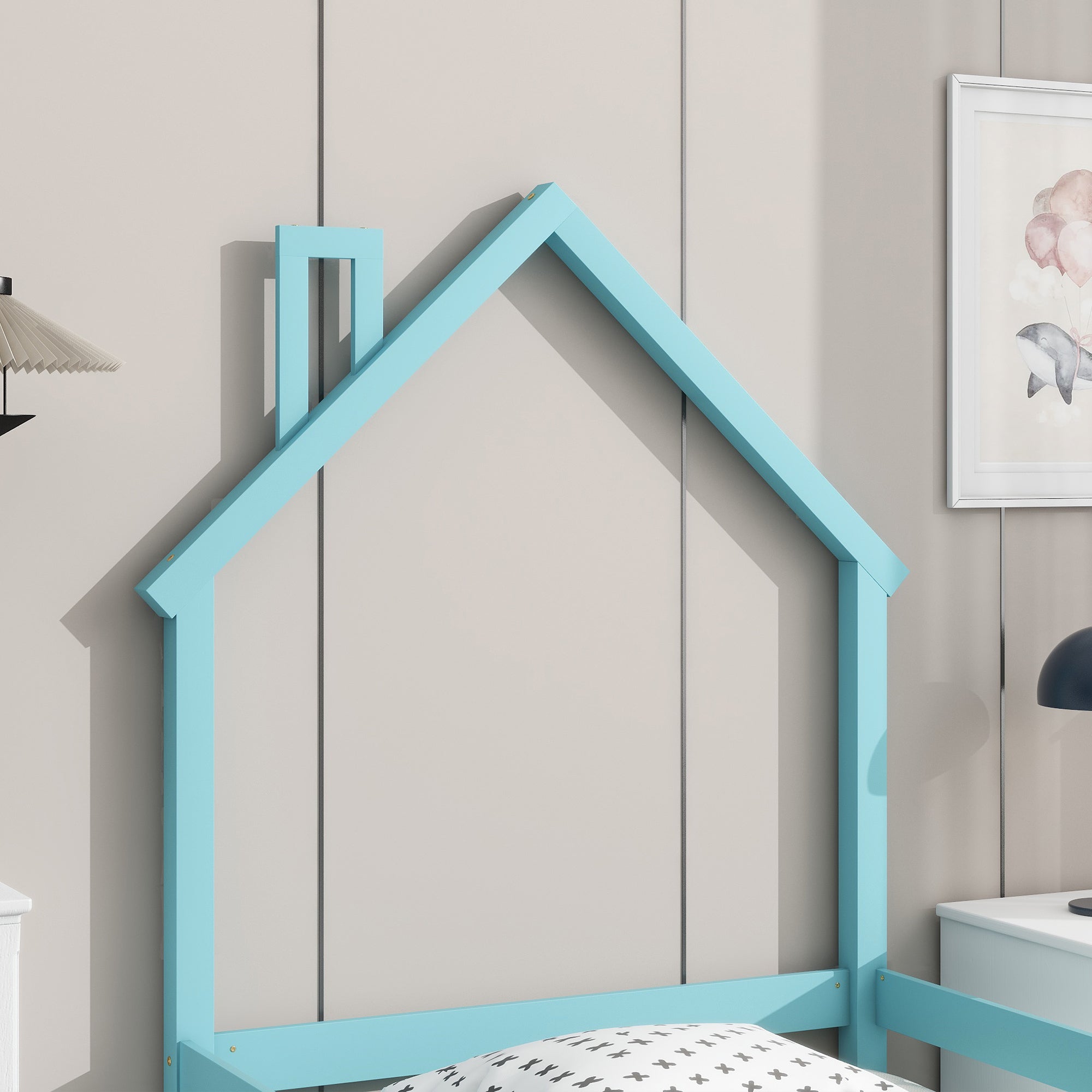 Twin Size Wood bed with House-shaped Headboard Floor bed with Fences,Light Blue