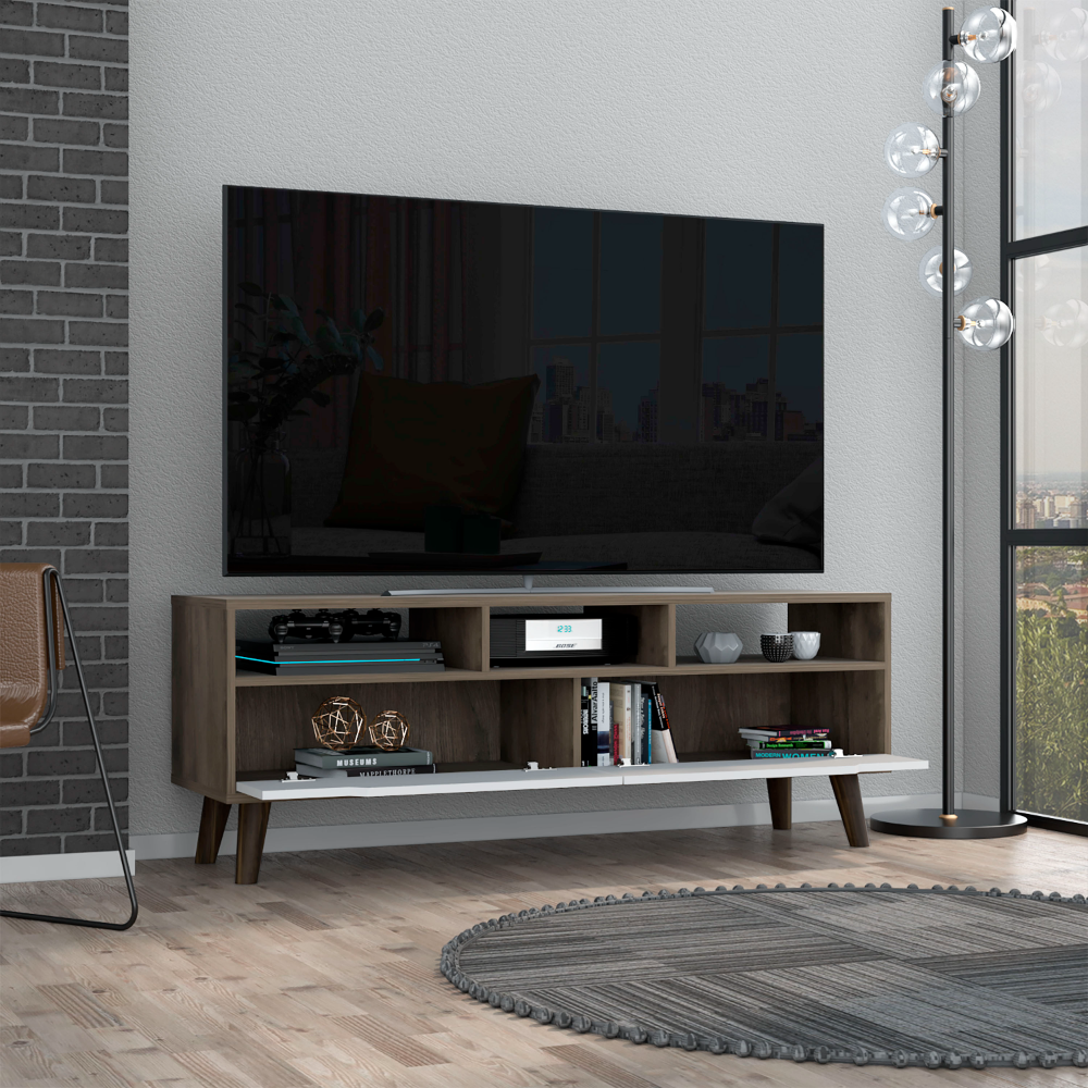 DEPOT E-SHOP Kobe Tv Stand for TV´s up 52", Three Open Shelves, Two Flexible Drawers, Dark Walnut / White