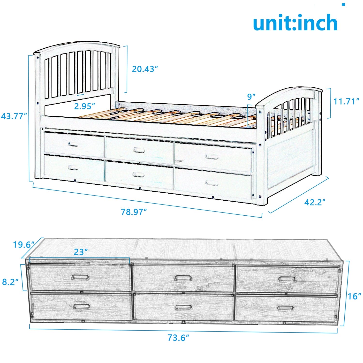 Twin Size Platform Storage Bed Solid Wood Bed with 6 Drawers,White