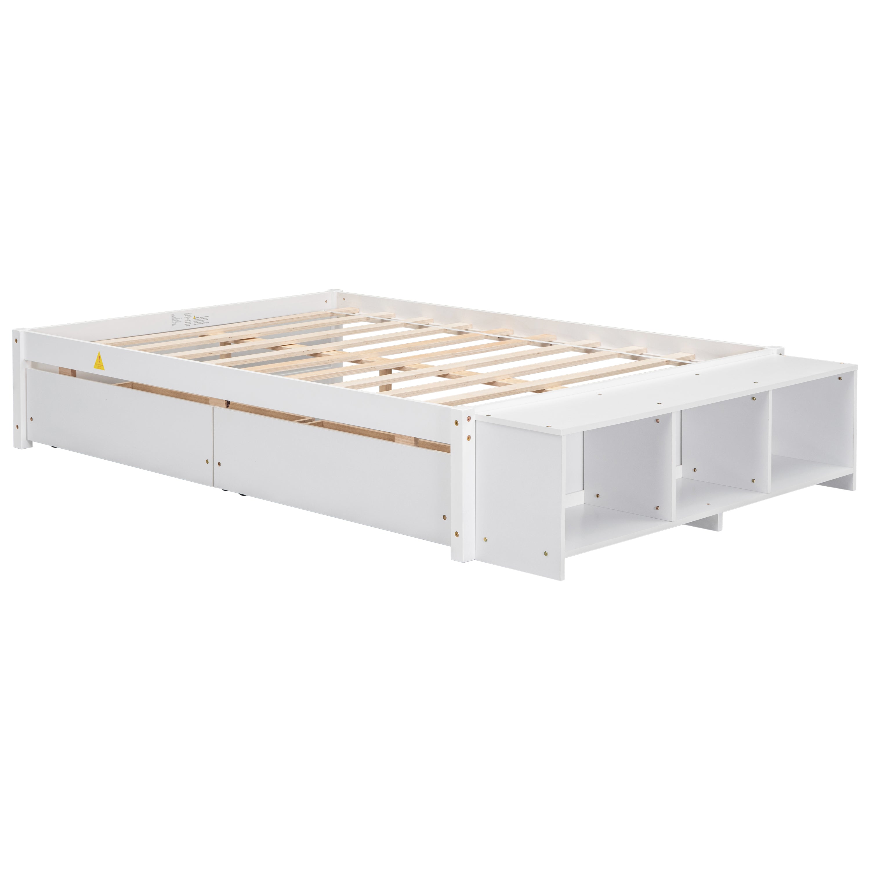 Full Size Bed with Storage Case, 2 Storage drawers, Lengthwise Support Slat,White