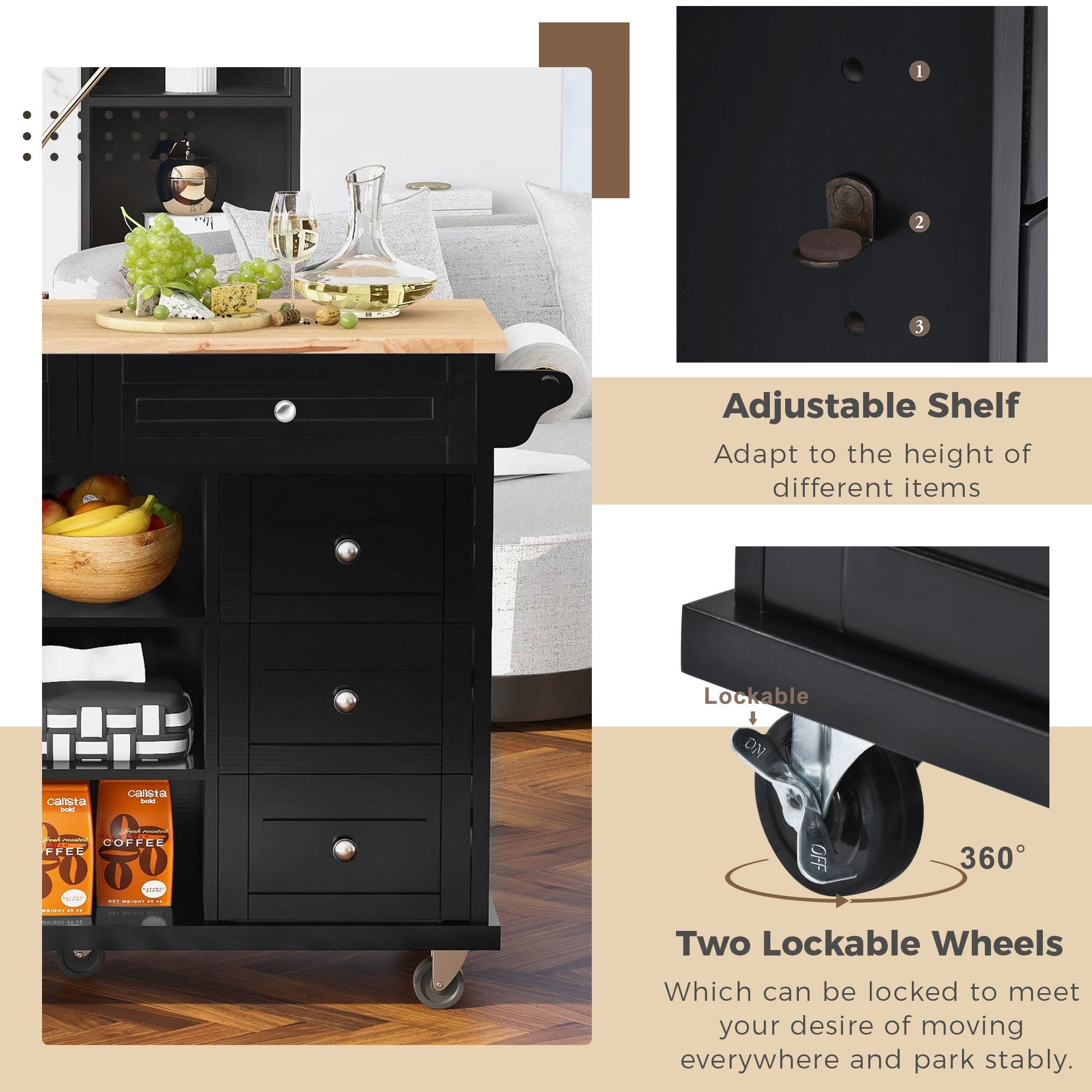 Kitchen cart with Rubber wood desktop rolling mobile kitchen island with storage and 5 draws 53 Inch length (Black)