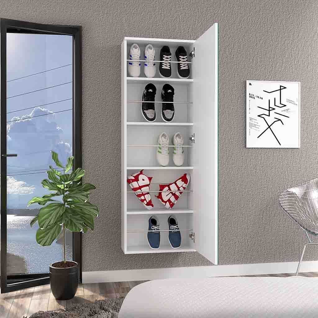 Wall Mounted Shoe Rack With Mirror Chimg, Single Door, White Finish