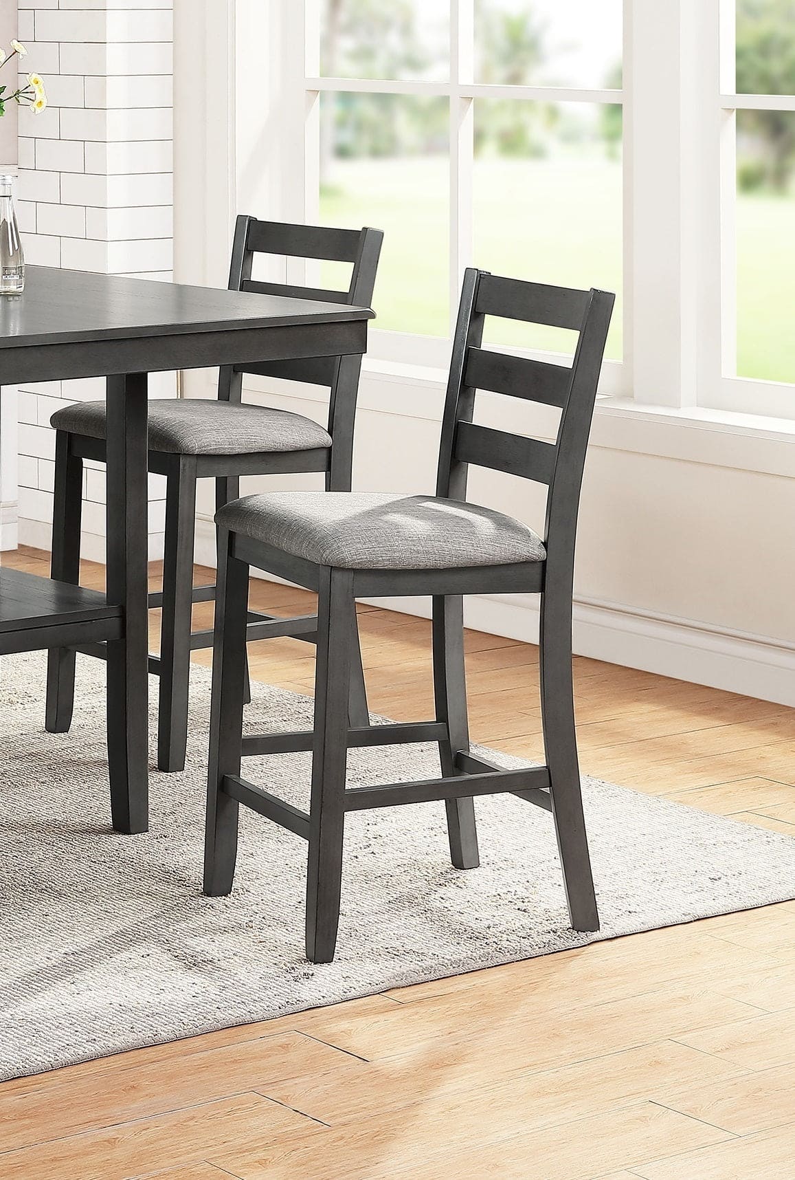 Classic Dining Room Furniture Gray Finish Counter Height 5pc Set Square Dining Table w Shelves Cushion Seat Ladder Back High Chairs Solid wood