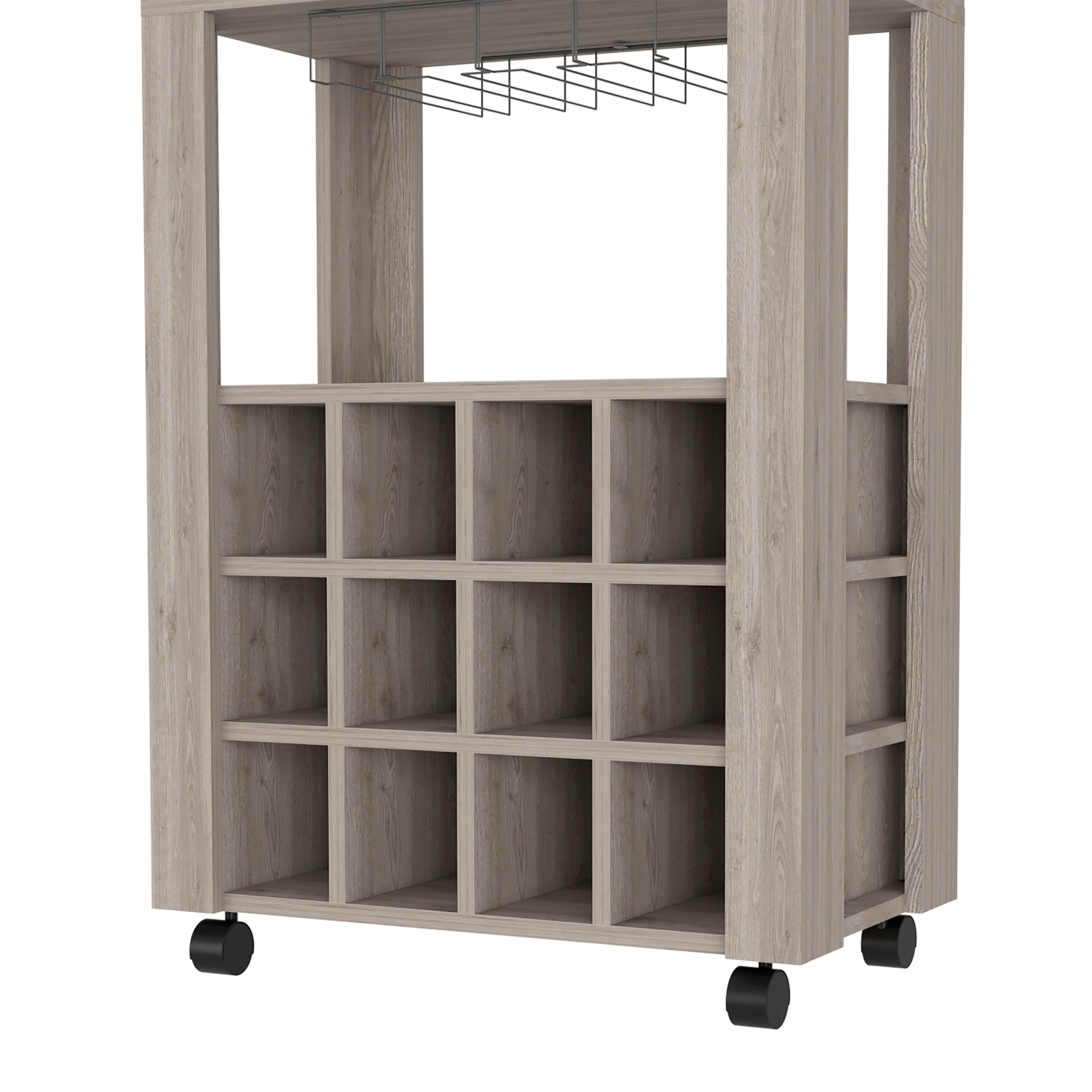 Bar Cart Bayamon, Twelve Wine Cubbies, Four Legs, Light Gray Finish