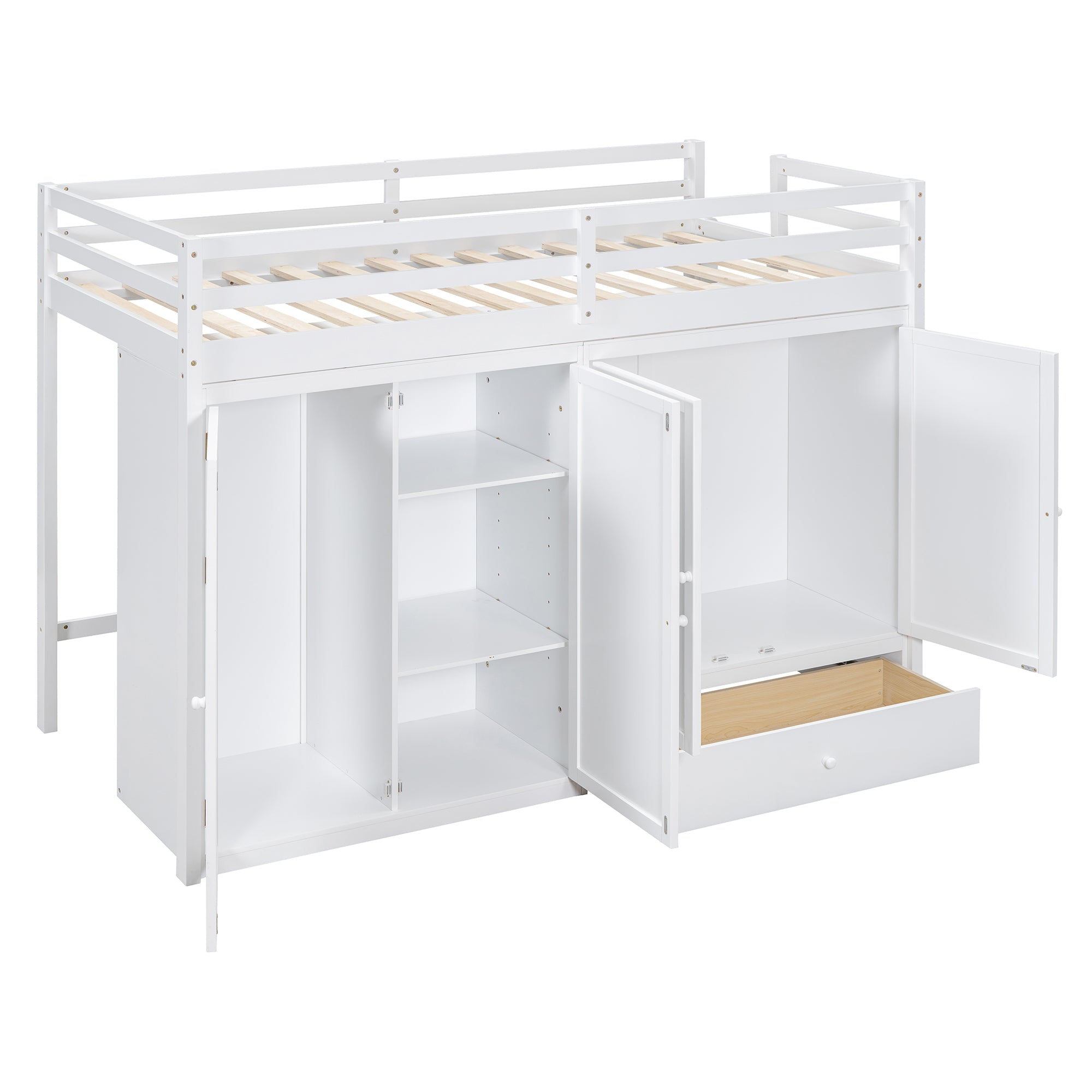 Twin size Loft Bed with Drawer, Two Wardrobes and Mirror, White