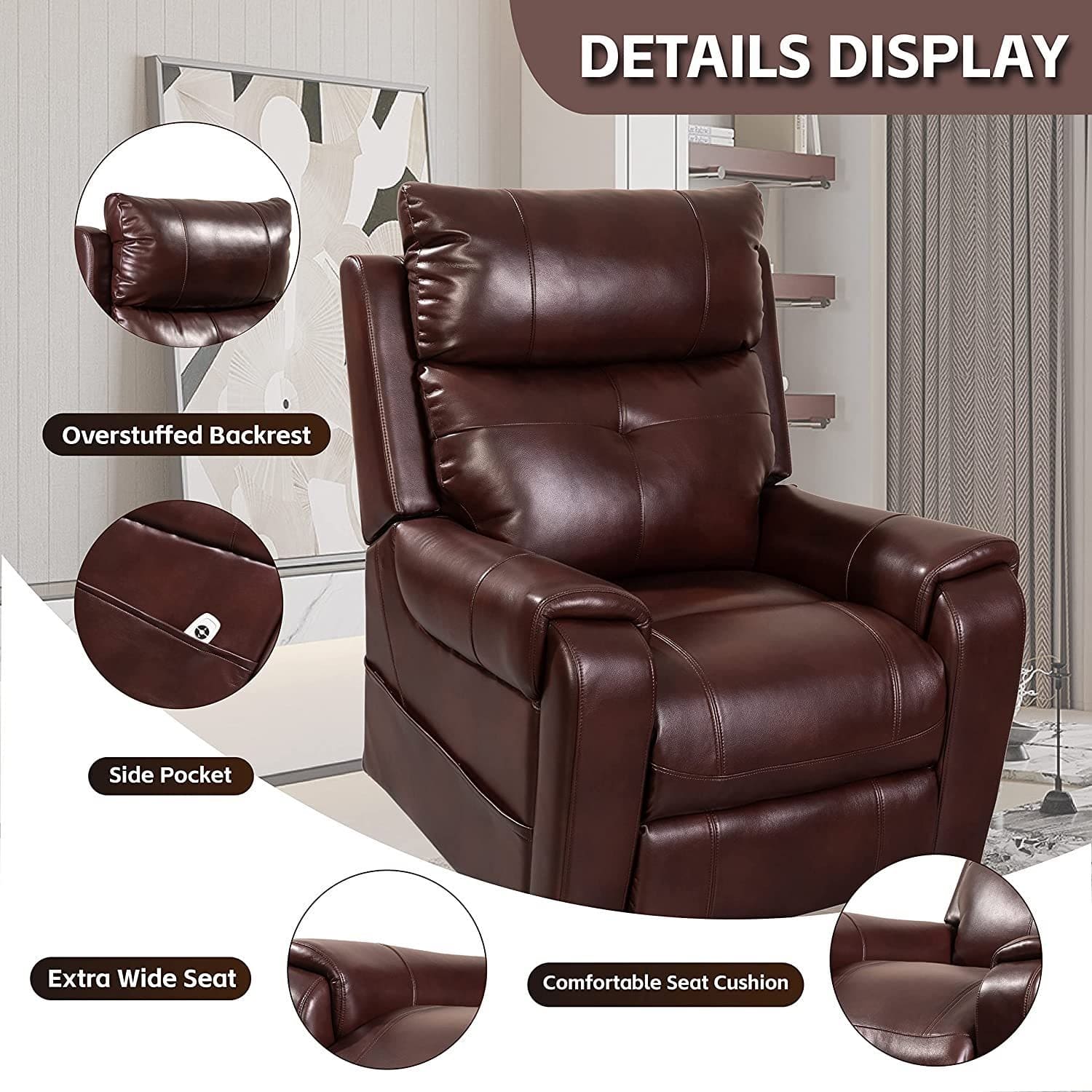 Lehboson Lift Chair Recliners, Electric Power Recliner Chair Sofa for Elderly, (Common, Red Brown)