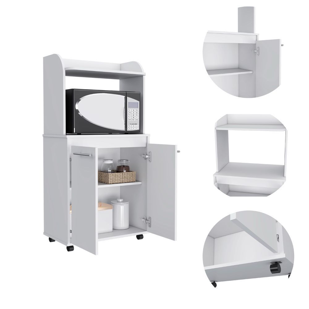 Kira Kitchen Kart, Double Door Cabinet, One Open Shelf, Two Interior Shelves -White