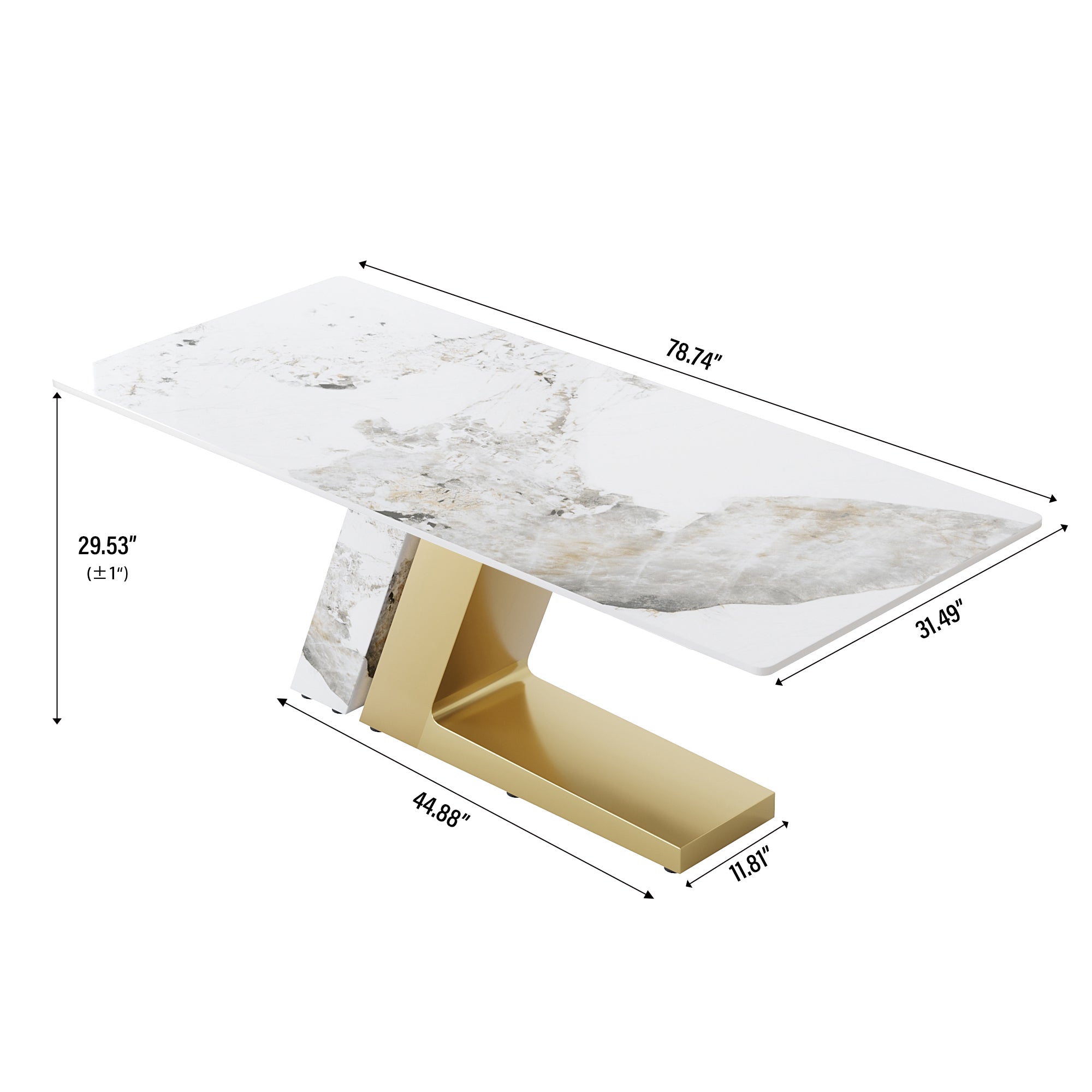 78.74"modern artificial stone Pandora straight panel, golden+white metal legs-can accommodate 8 people.(Not including chairs)