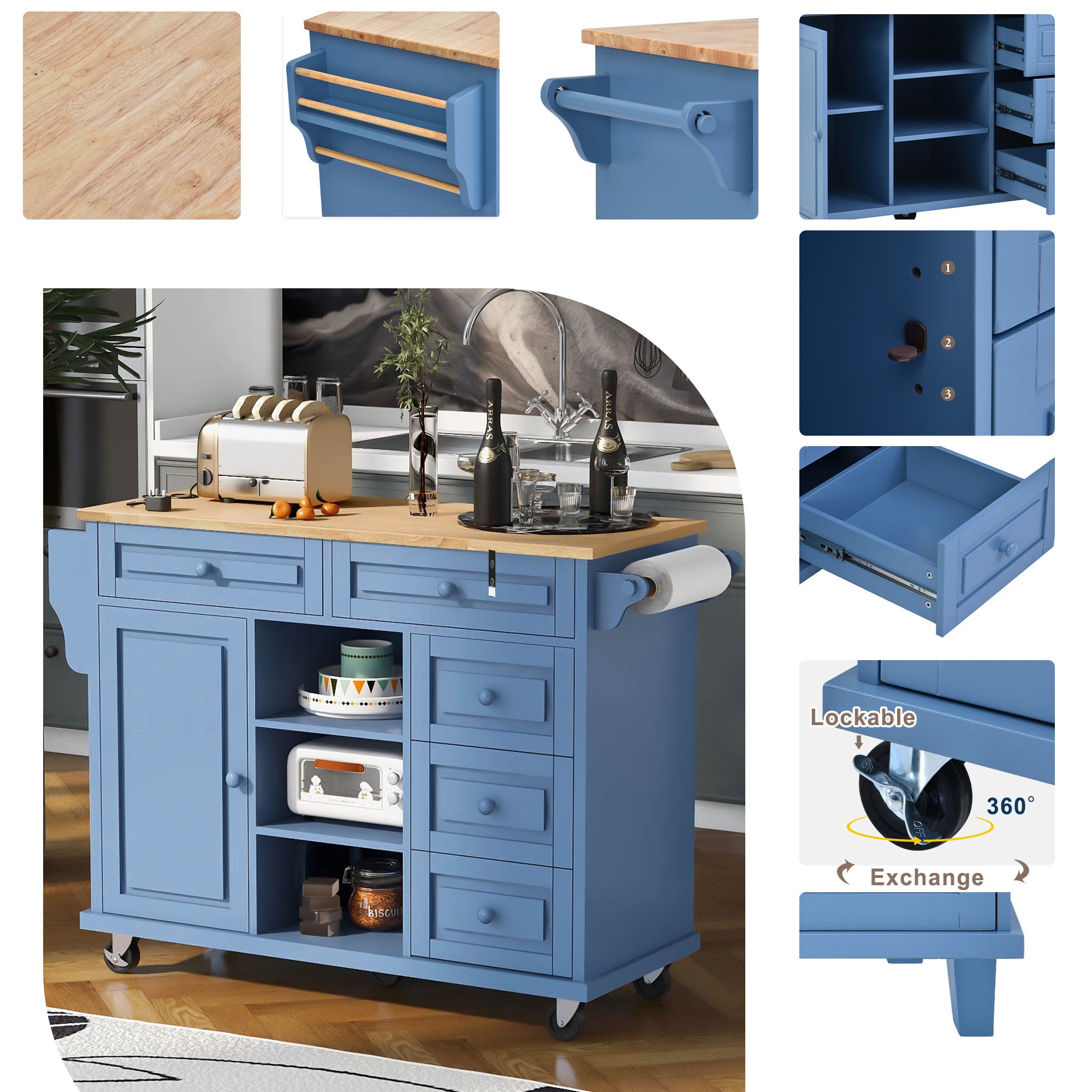 Kitchen cart with Rubber wood desktop rolling mobile kitchen island with storage and 5 draws 53 Inch length (Blue)