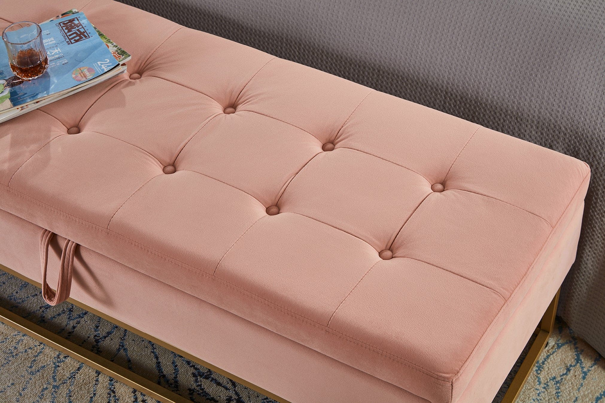 58.6" Bed Bench Metal Base with Storage Pink Velvet