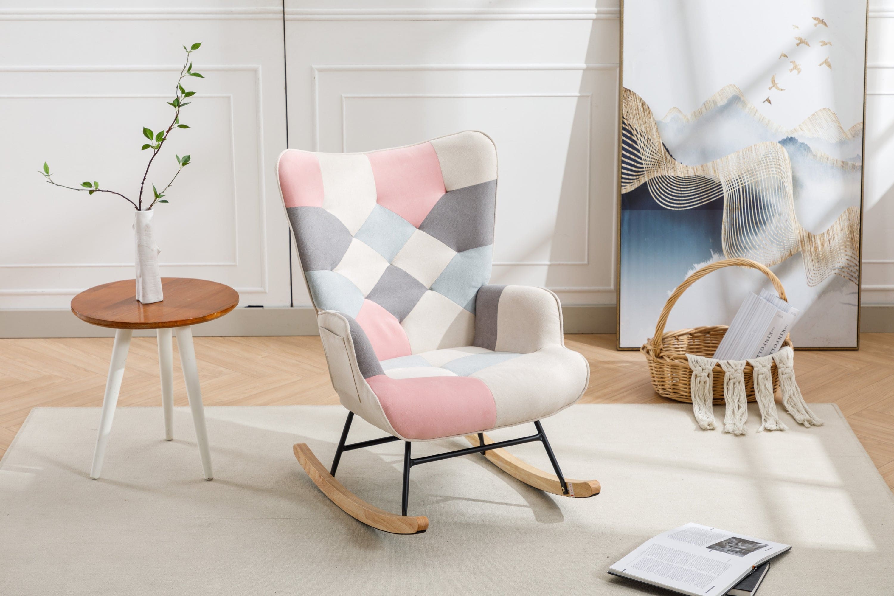 Modern Patchwork Accent Chair with Solid Wood Armrest and Feet, Mid-Century Modern Accent Sofa, Fabric Sofa Chair for Living Room Bedroom Studio, Comfy Side Armchair for Bed (pink)