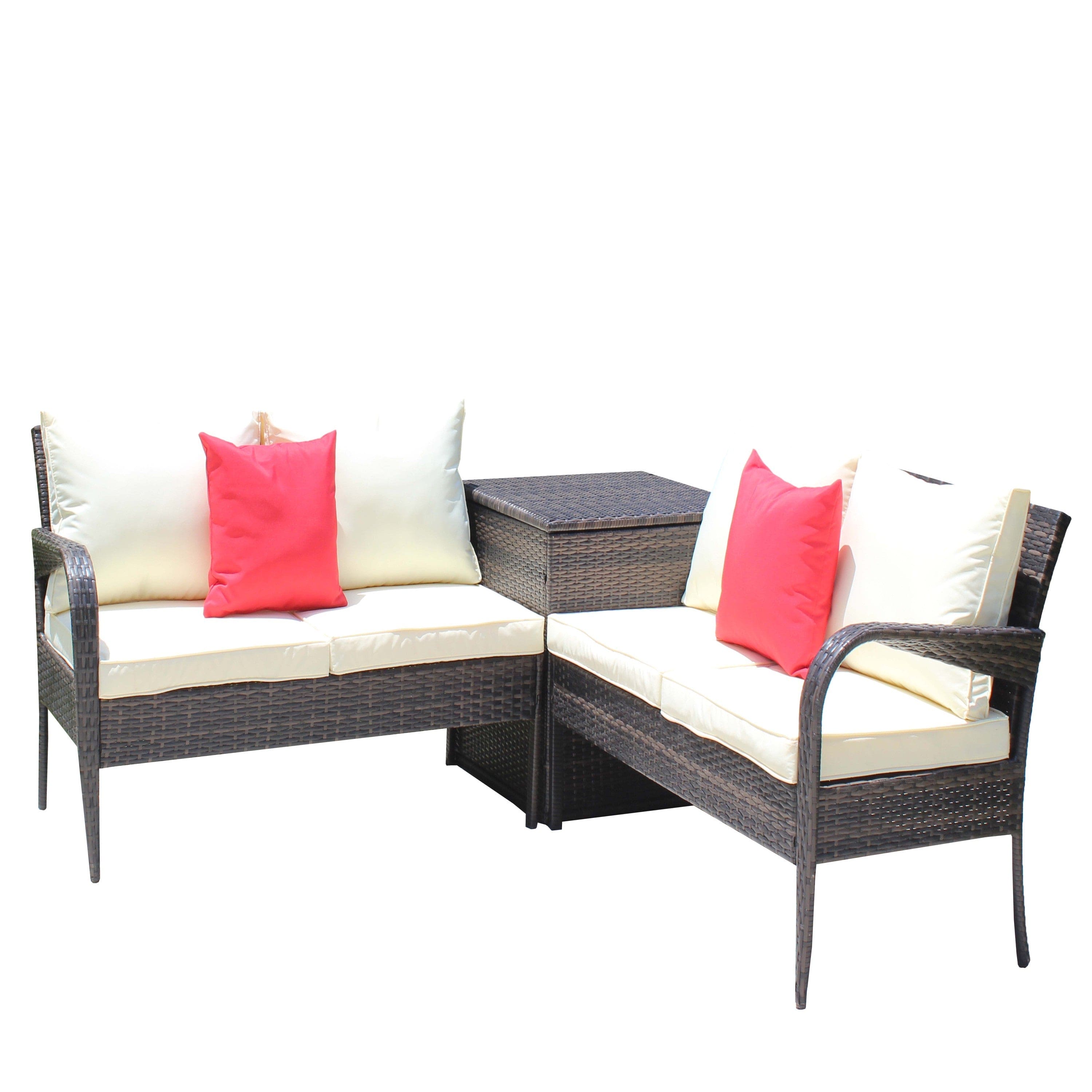 3 Piece Patio Sectional Wicker Rattan Outdoor Furniture Sofa Set with Storage Box Brown