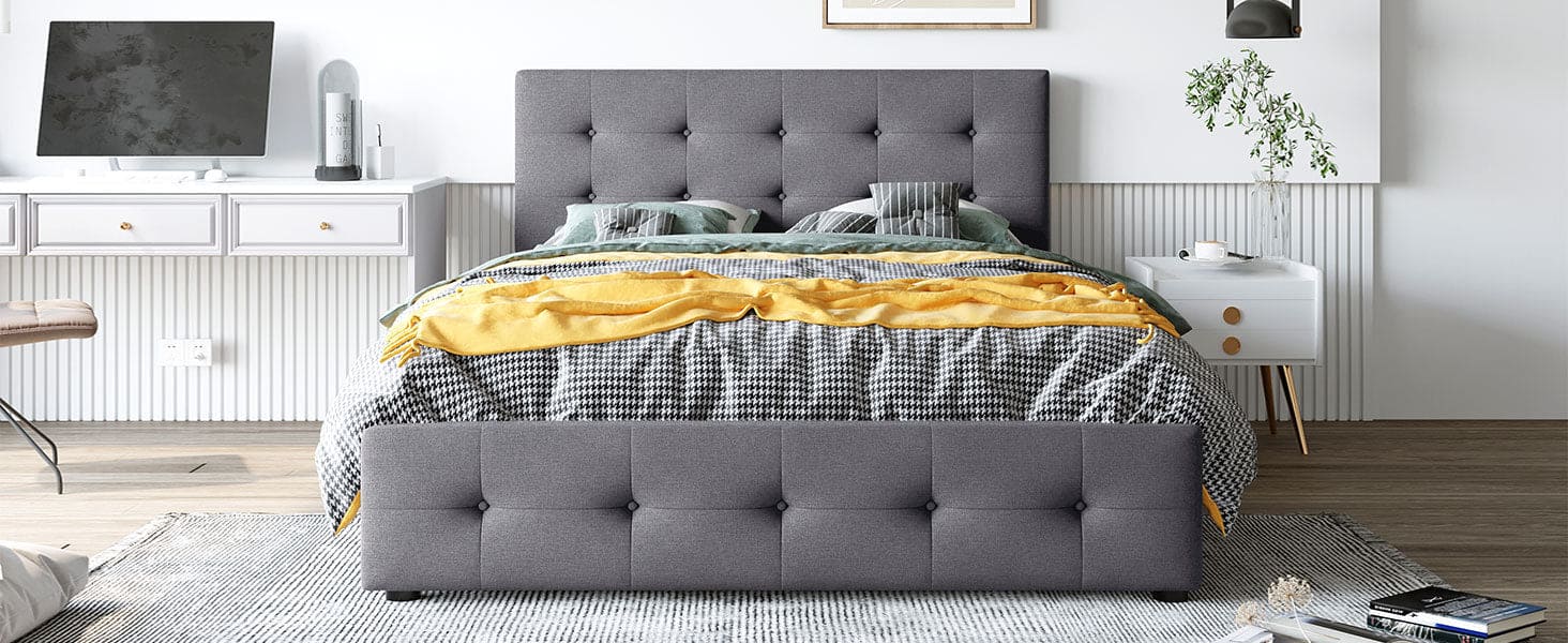 Upholstered Platform Bed with Classic Headboard and 4 Drawers, No Box Spring Needed, Linen Fabric, Queen Size Dark gray(OLD SKU :LP000114AAE)