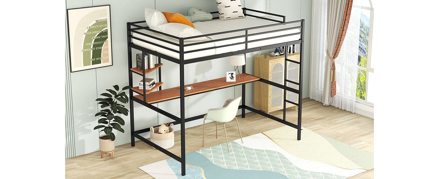 Full Metal Loft Bed with Desk and Shelve, Black