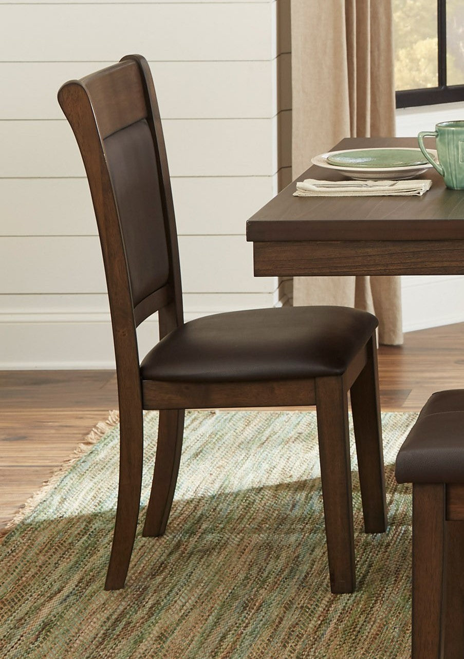 Transitional 5pc Dining Set Table with Self-Storing Leaf and Faux Leather Upholstered 4x Side Chairs Light Rustic Brown Finish Dining Room Furniture