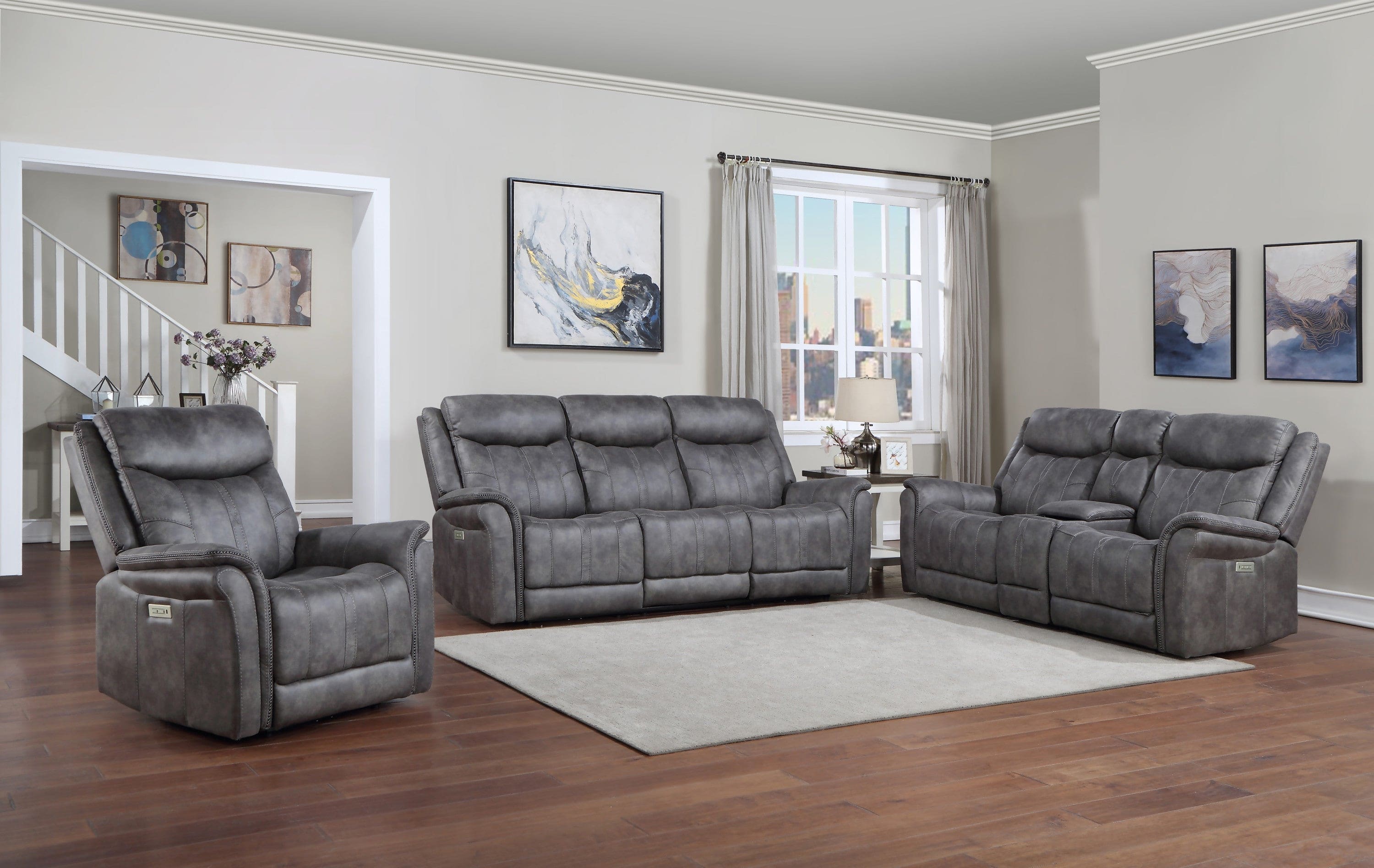 Transitional Power Reclining Sofa - Neutral Faux-Suede, Power Footrest, Power Headrest - Built to Last, USB Charging