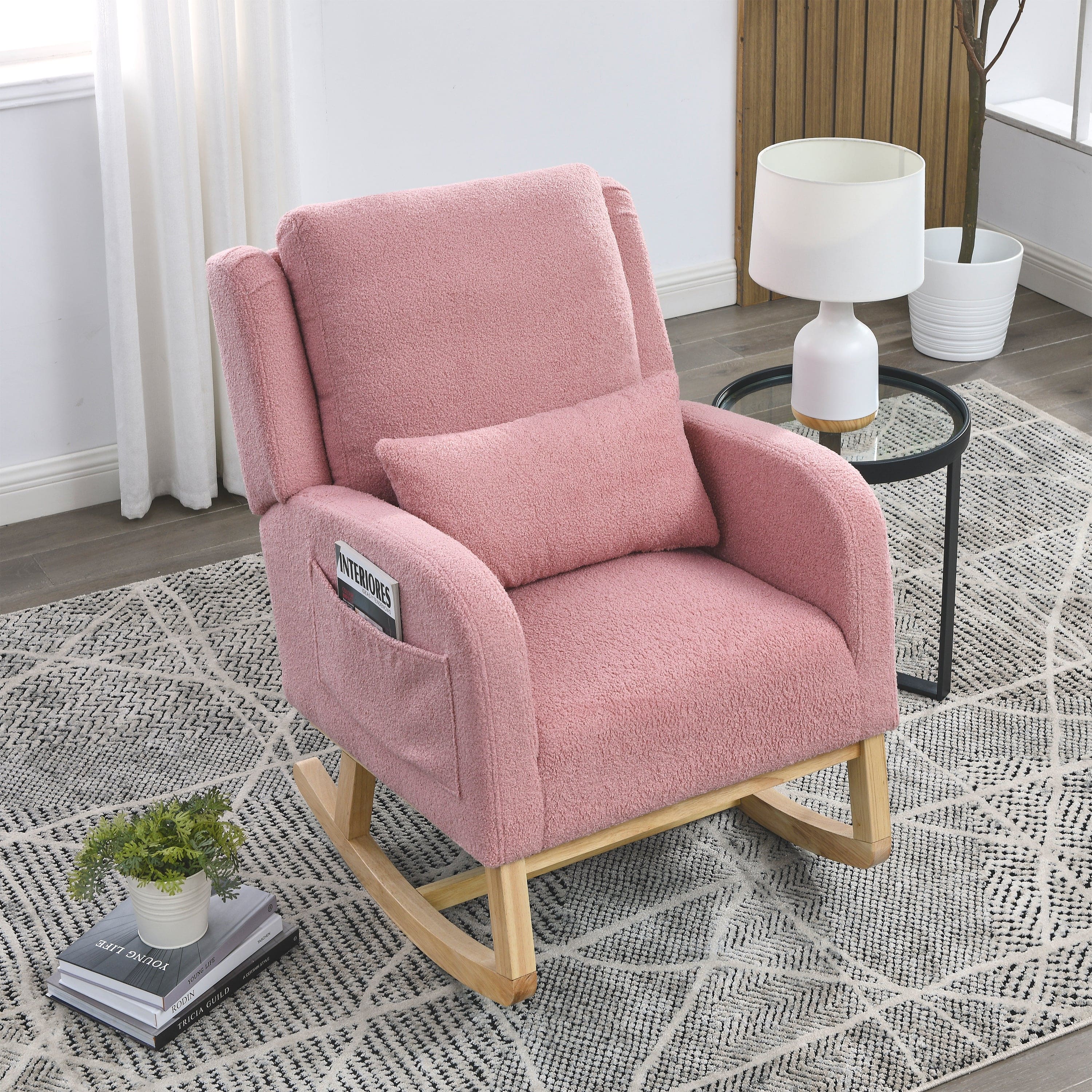 [Video] Welike 27.5 "W Modern Accent High Back Living Room Casual Armchair Rocker with One Lumbar Pillow, Two Side Pockets,Teddy.