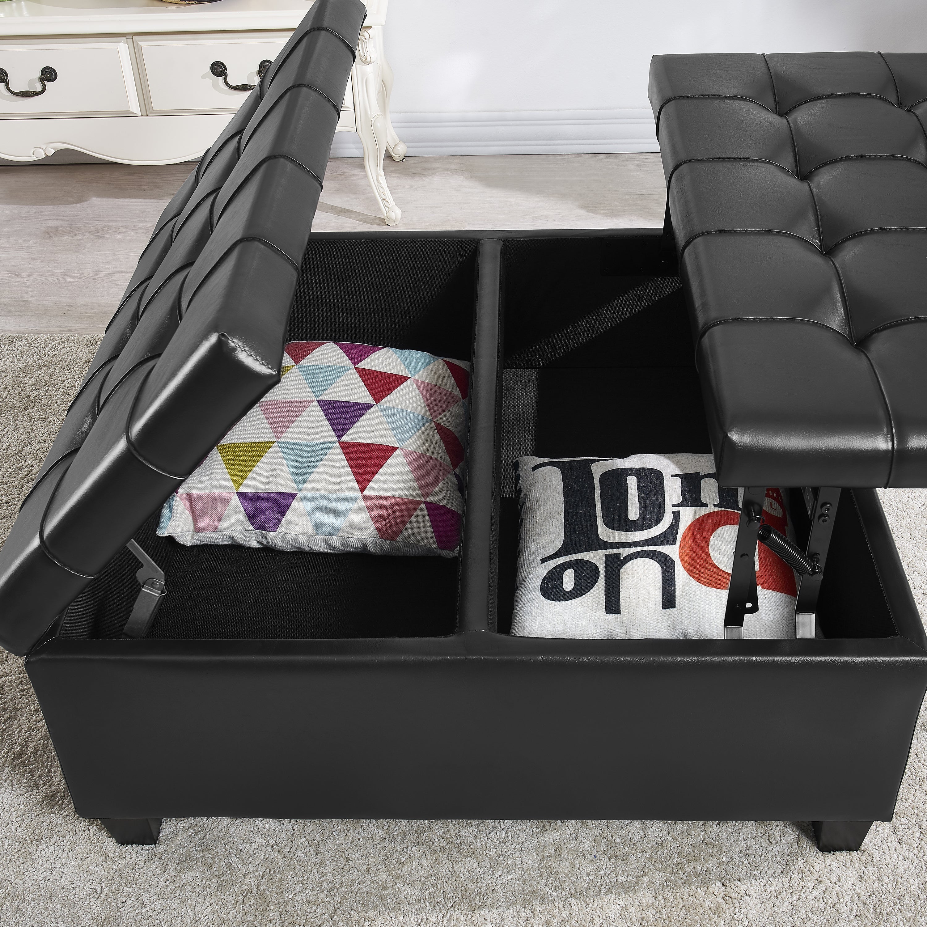 Large Square Faux Leather Storage Ottoman | Coffee table for Living Room & Bedroom (Black)