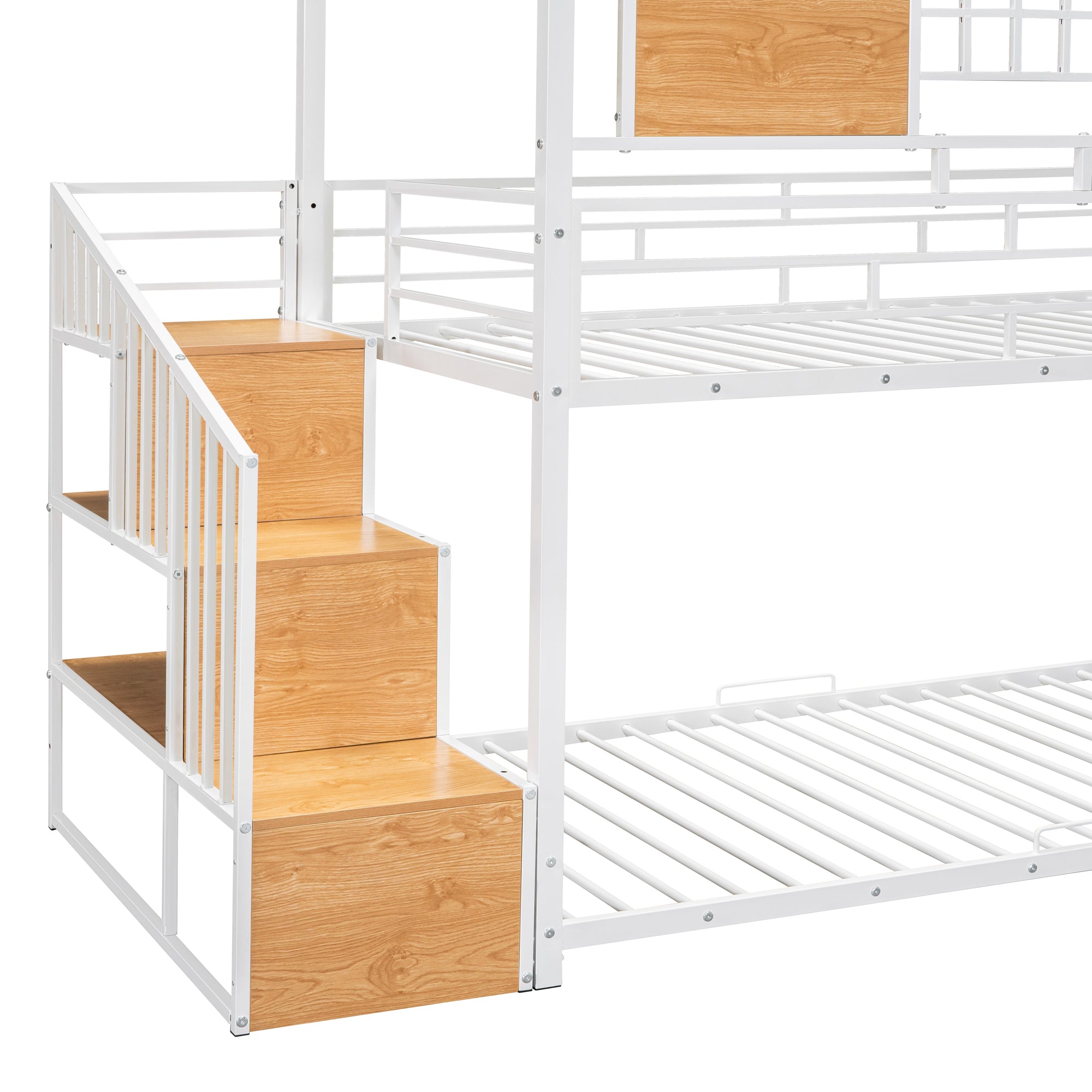 Twin Over Twin Metal Bunk Bed, Metal Housebed with Slide and Storage Stair, White with White Slide