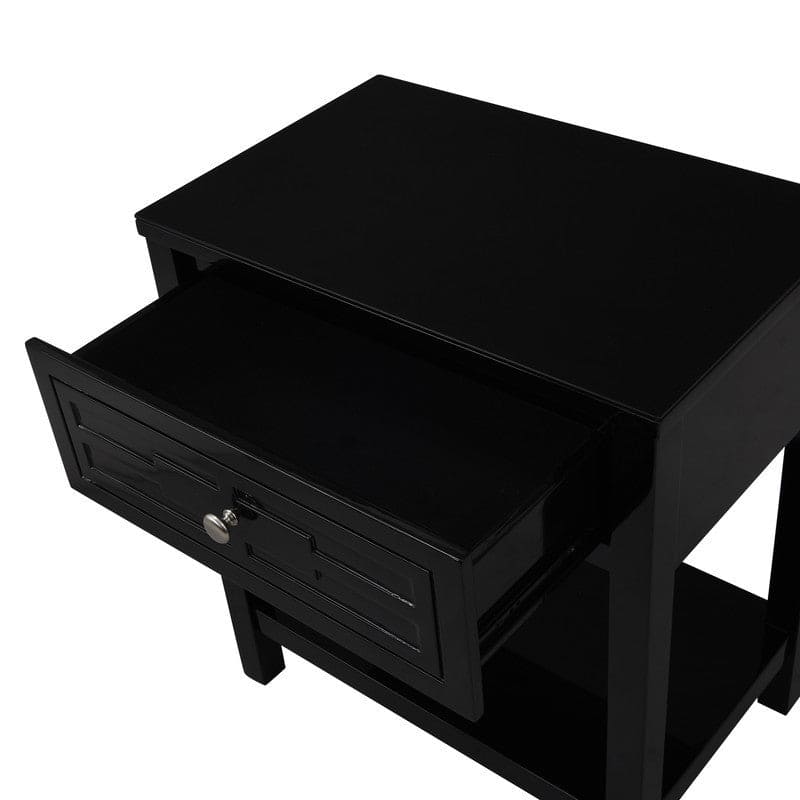 Dylan Black Wooden End Side Table Nightstand with Glass Top and Drawer