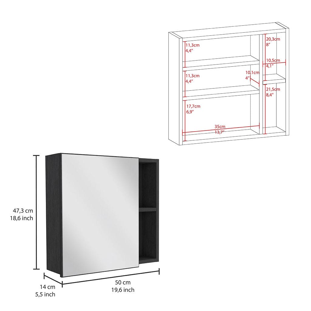 Medicine Cabinet Viking, Three Internal Shelves, Single Door, Two External Shelves, Black Wengue Finish