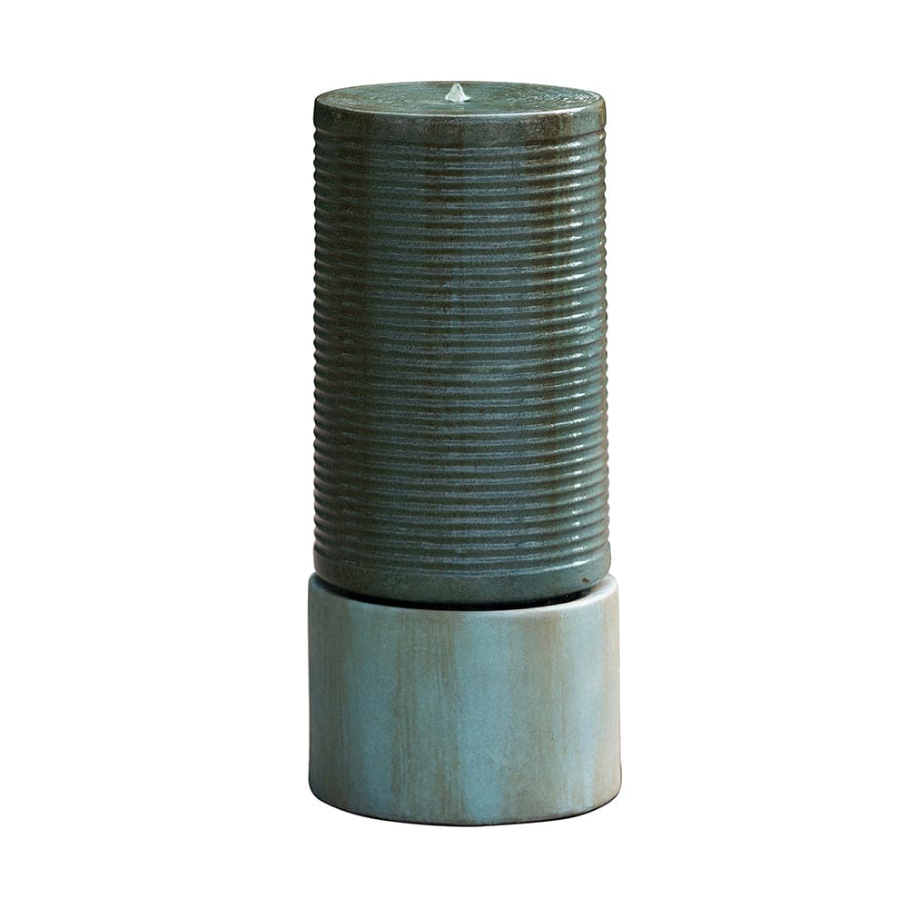 44" Tall Large Round Green Ribbed Tower Water Fountain, Verge Bronze, Cement Outdoor Bird Feeder / Bath Fountain