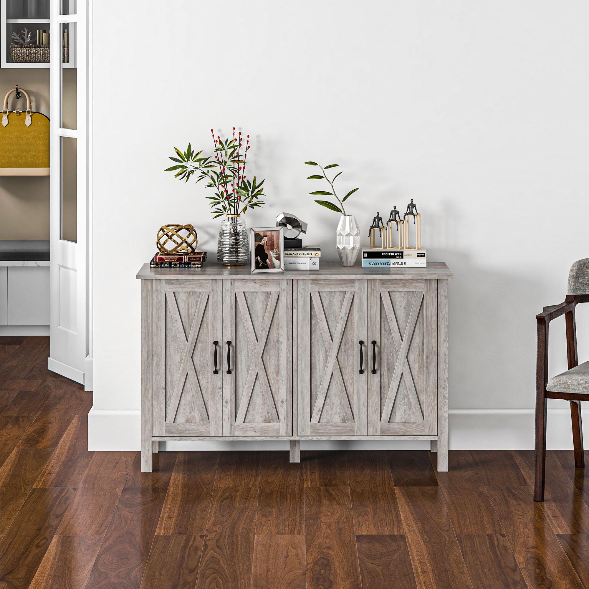 HOMCOM Buffet Cabinet, 47" Sideboard with 4 Barn Doors and 2 Adjustable Shelves, Farmhouse Coffee Bar Cabinet, Gray Wood Grain