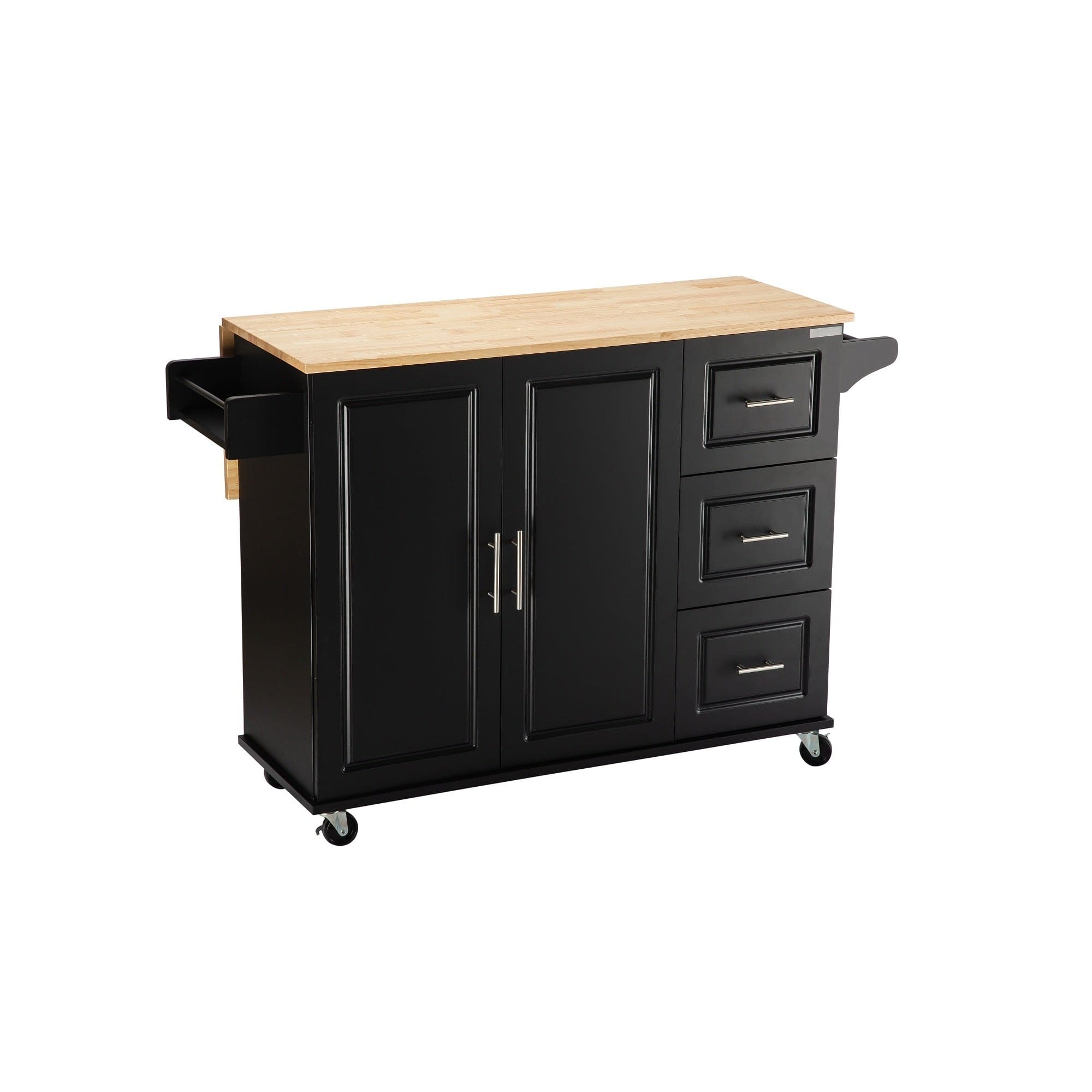 Kitchen Island & Kitchen Cart, Mobile Kitehcn Island with Extensible Rubber Wood Table Top,adjustable Shelf Inside Cabinet for Different Utensils, 3 Big Drawers, with Spice Rack, Towel Rack, Black-Bee