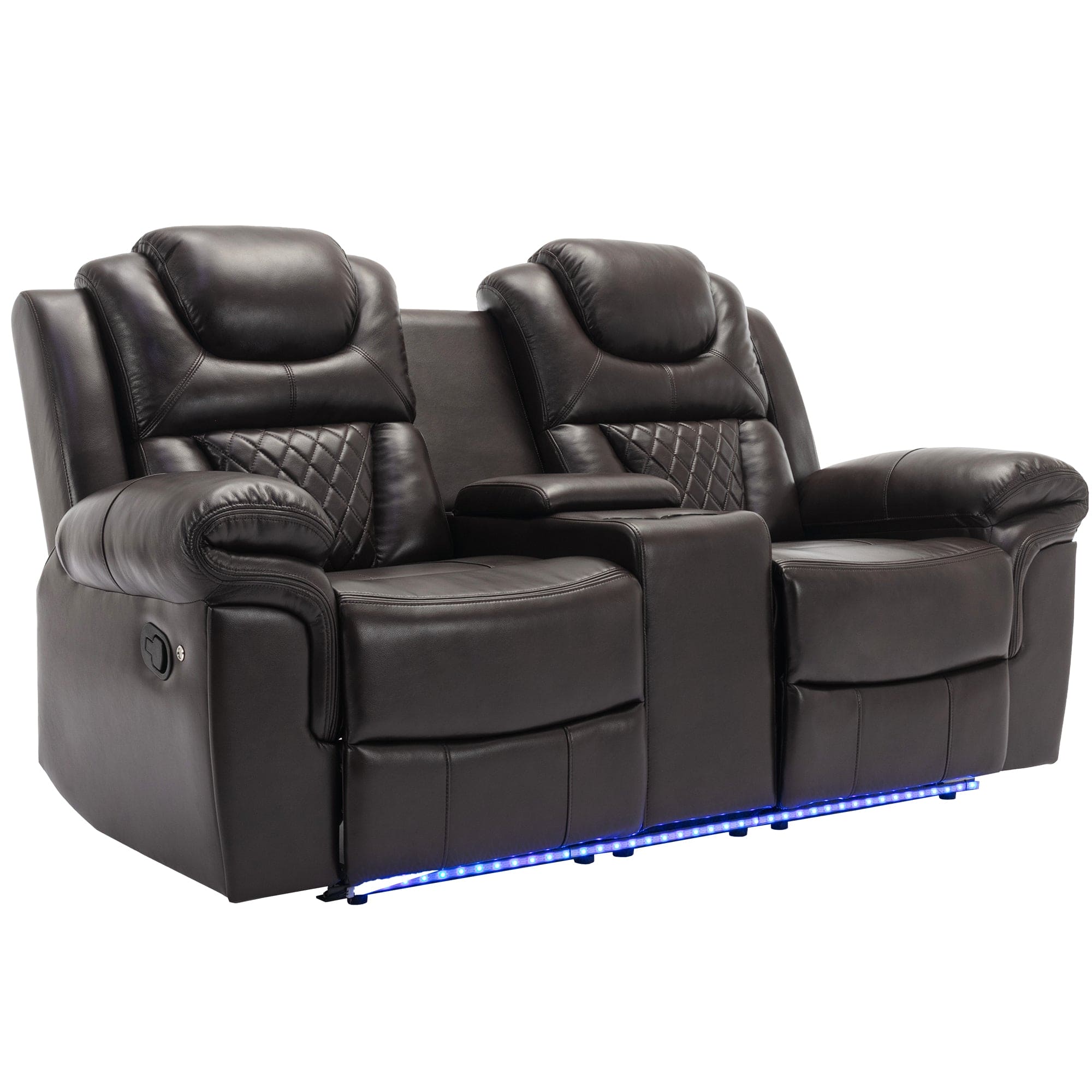 Home Theater Seating Manual Recliner Loveseat with Hide-Away Storage, Cup Holders and LED Light Strip for Living Room, Brown