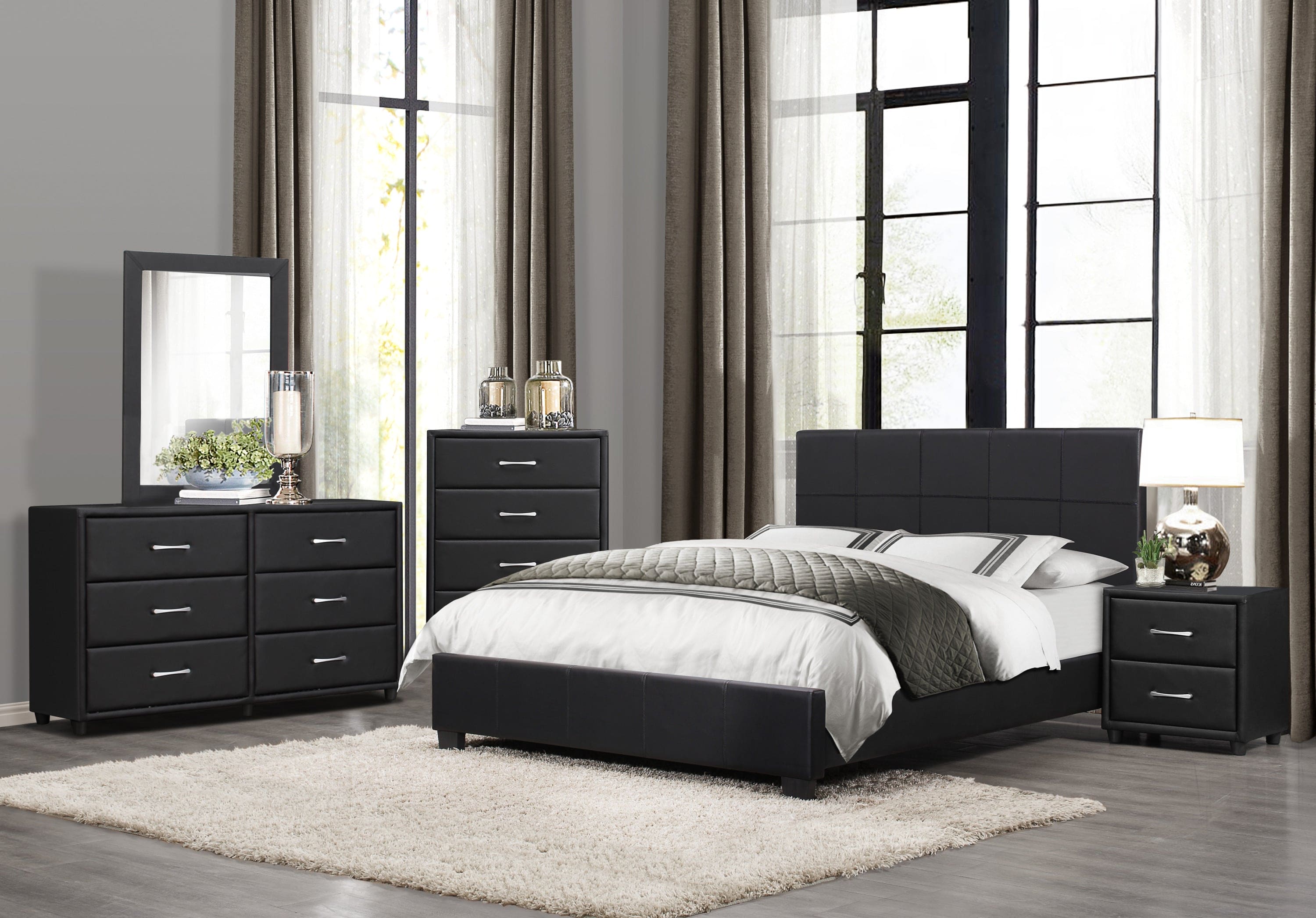 Contemporary Design 1pc Queen Bed Black Faux Leather Upholstered Stylish Bedroom Furniture