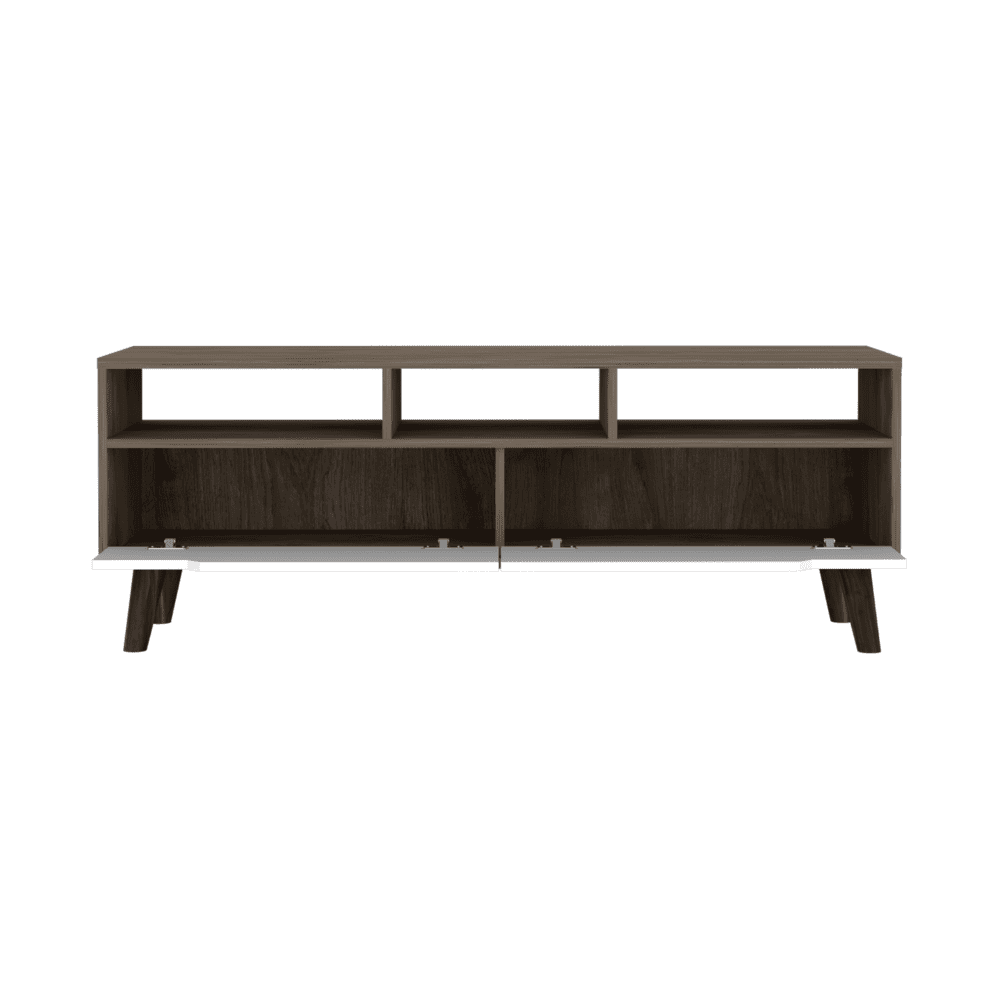 DEPOT E-SHOP Kobe Tv Stand for TV´s up 52", Three Open Shelves, Two Flexible Drawers, Dark Walnut / White