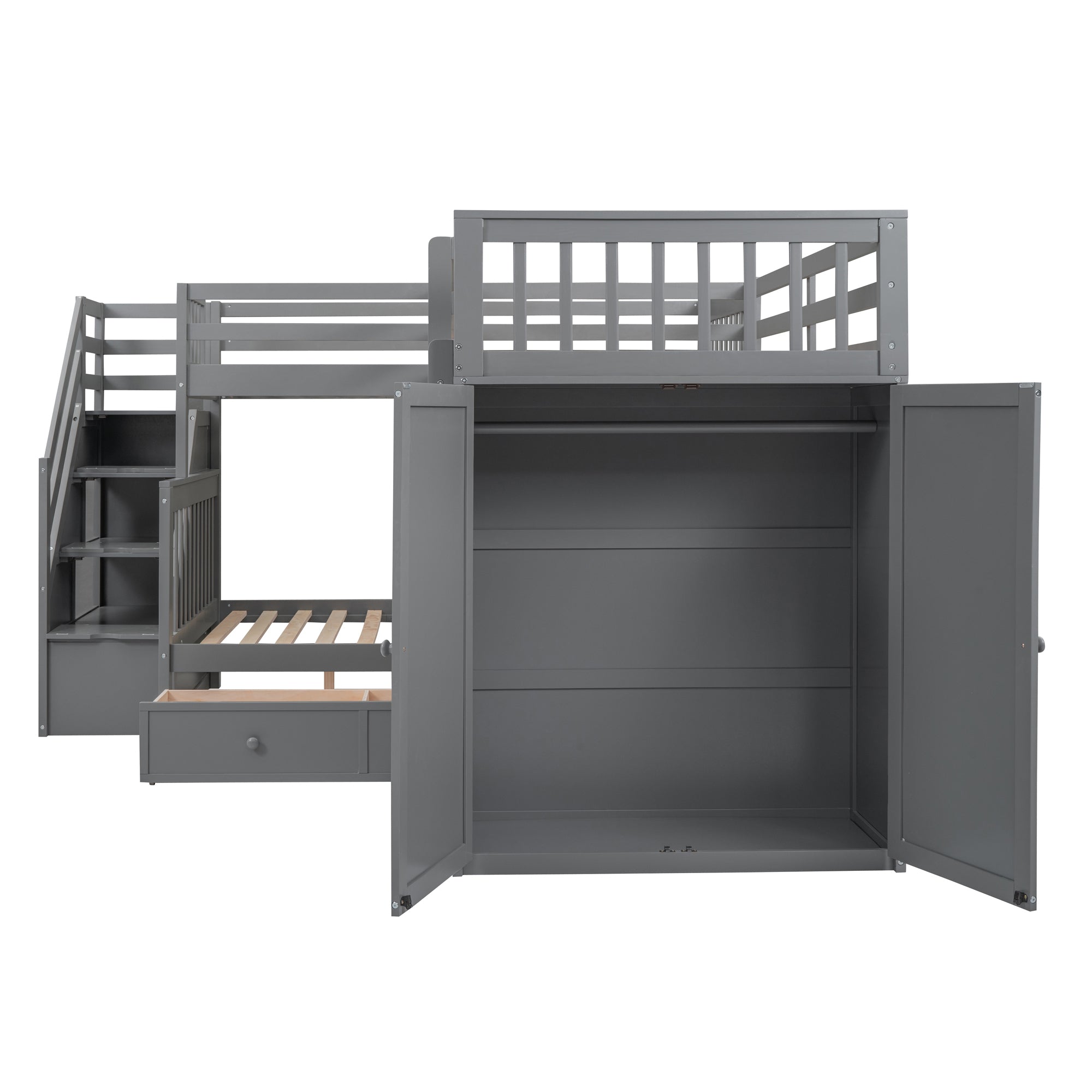 Twin-Twin over Full L-Shaped Bunk Bed With 3 Drawers, Portable Desk and Wardrobe, Gray