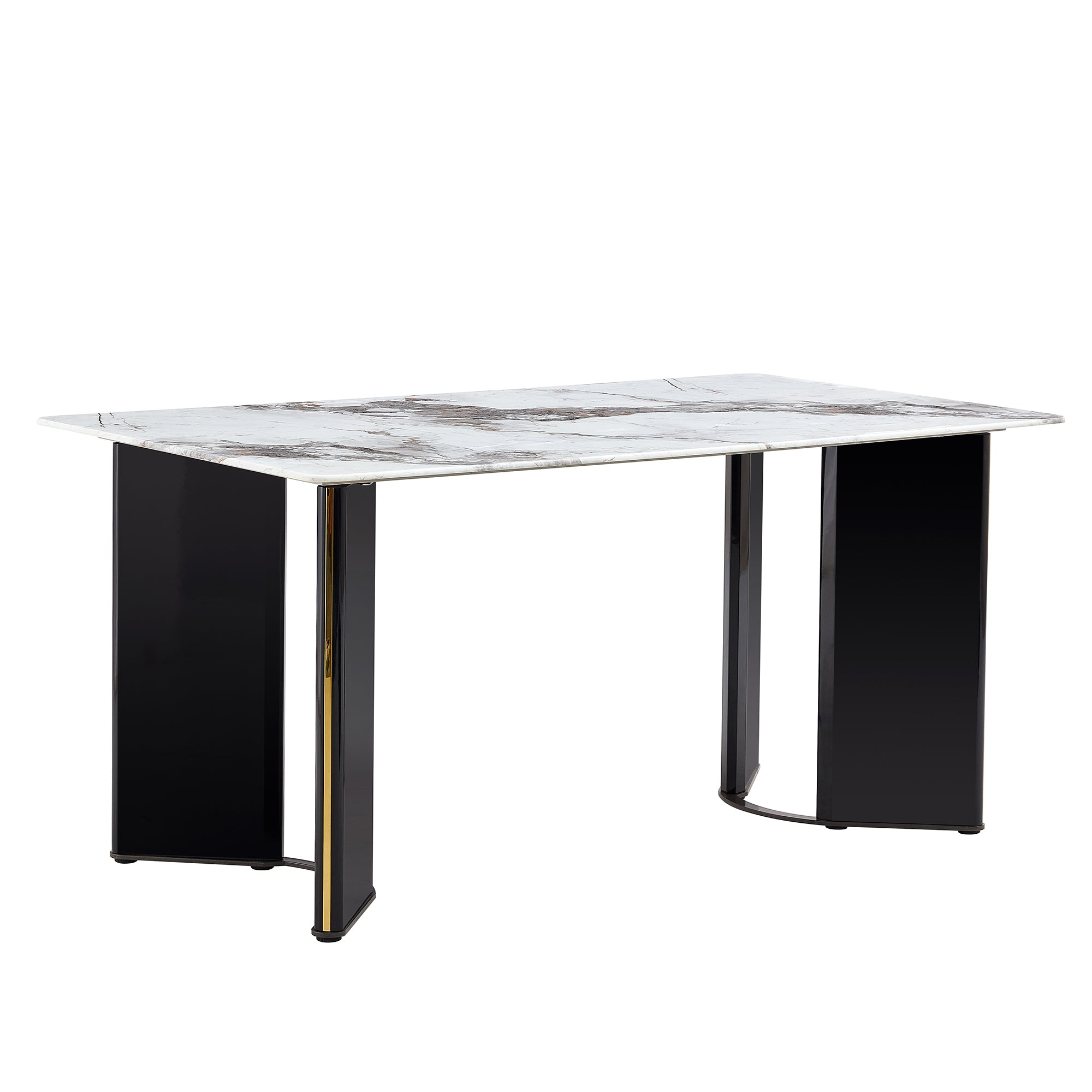 Modern minimalist rectangular dining table, white imitation marble tabletop, MDF table legs with gold metal decorative strips. Suitable for restaurant and living room   F-HH