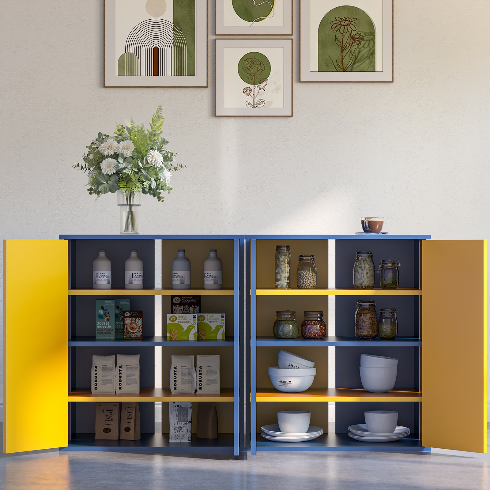 Storage Cabinet Modern Coffee Bar Cabinet Large Capacity Storage Cabinet with 3 Adjustable Shelves for Living Room, Yellow & Blue