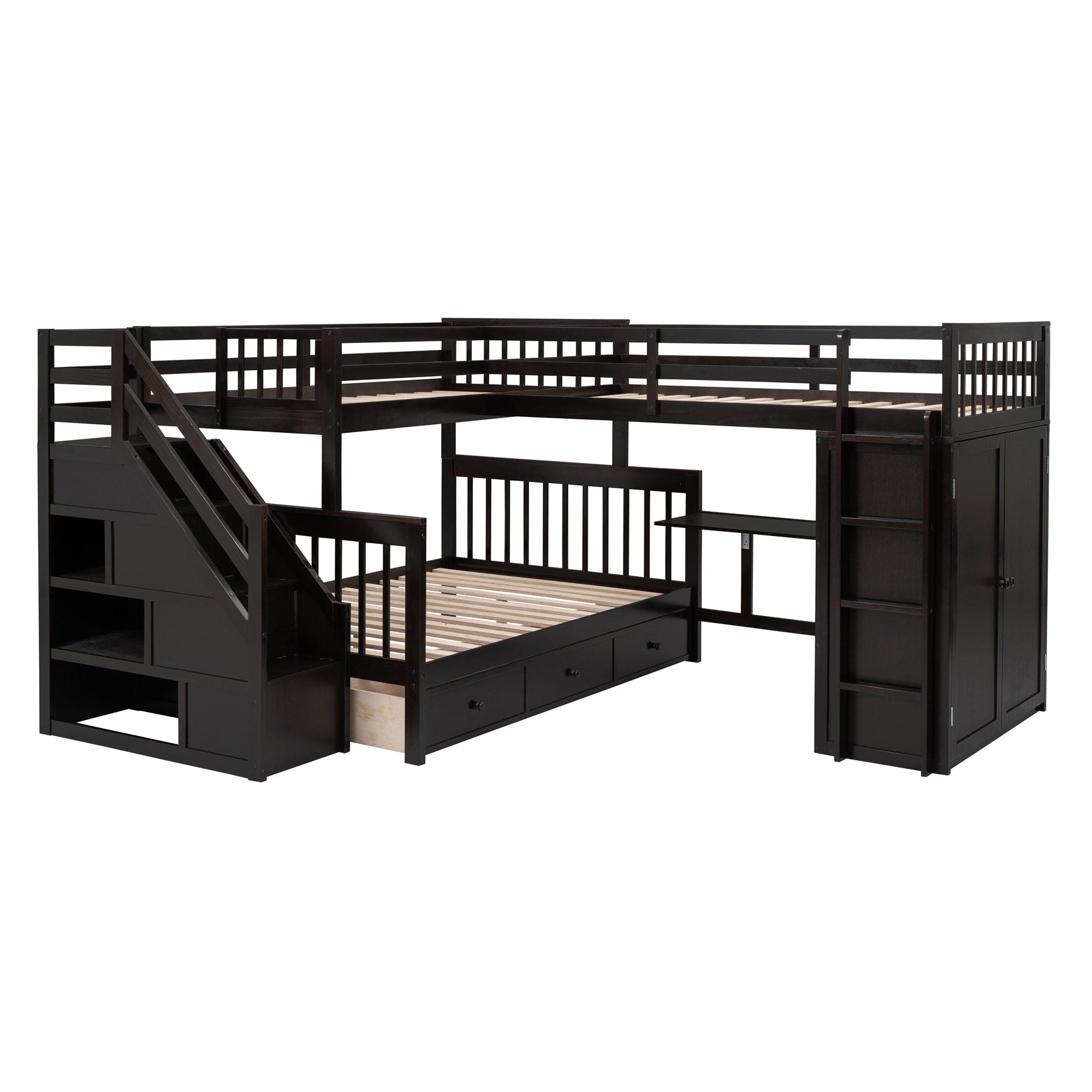 Twin-Twin over Full L-Shaped Bunk Bed With 3 Drawers, Portable Desk and Wardrobe, Espresso