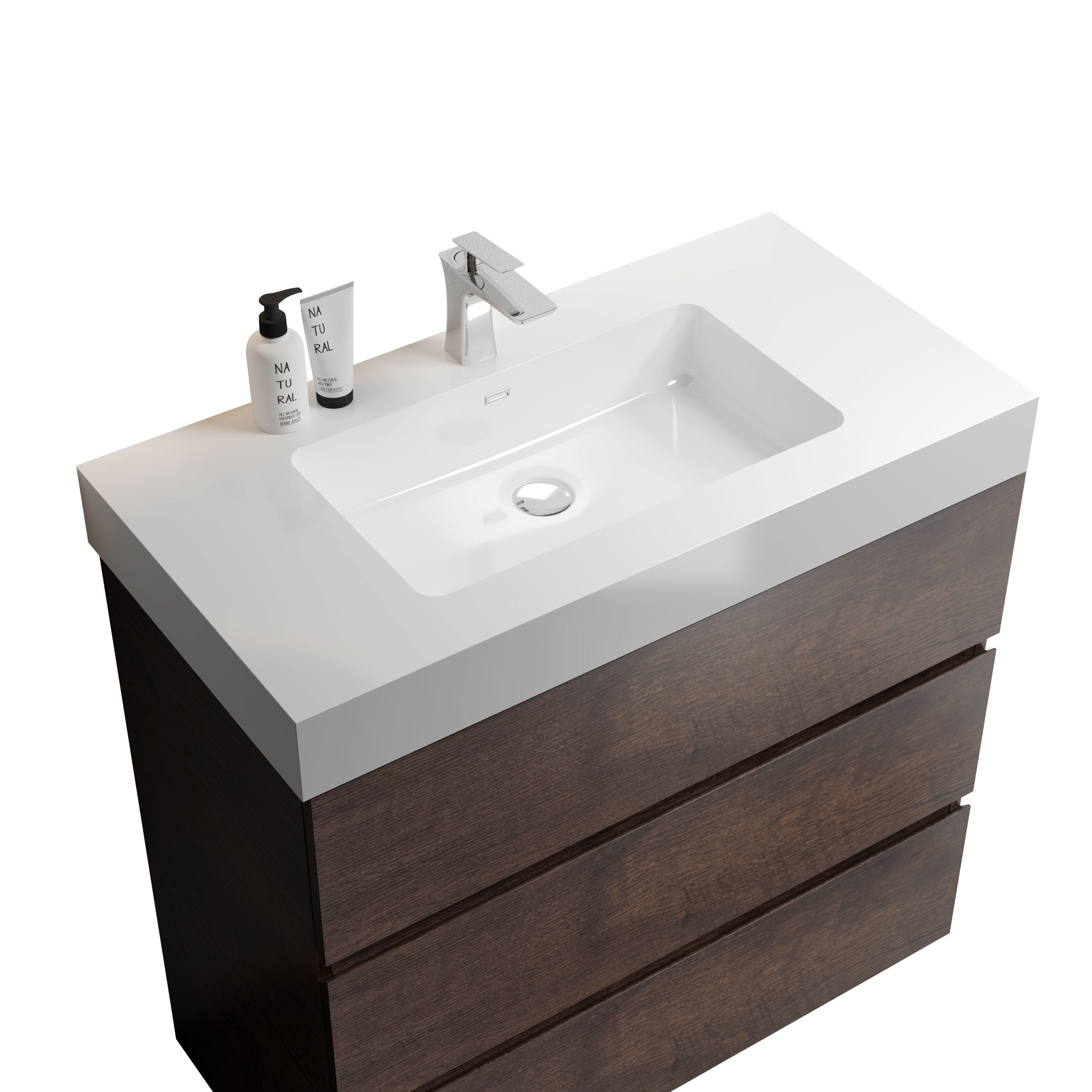 Alice 36" Walnut Bathroom Vanity with Sink, Large Storage Freestanding Bathroom Vanity for Modern Bathroom, One-Piece White Sink Basin without Drain and Faucet