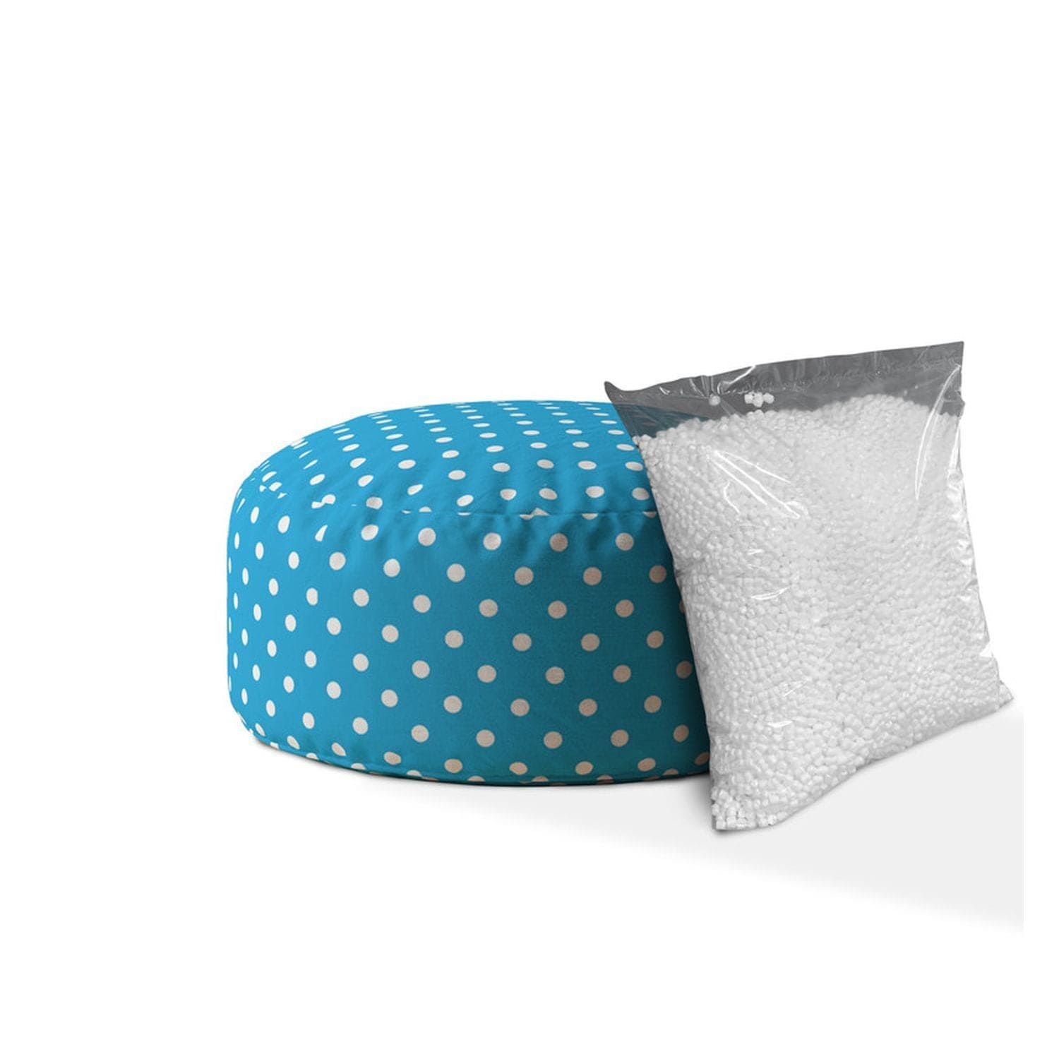 Indoor RETRO POLKA Coastal Blue Round Zipper Pouf - Stuffed - Extra Beads Included! - 24in dia x 20in tall