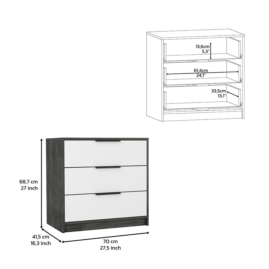 3 Drawers Dresser Maryland, Superior Top, Smokey Oak / White Finish