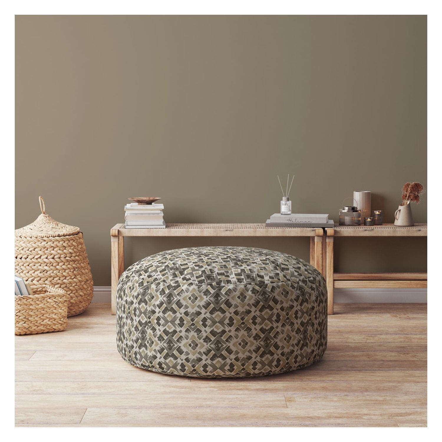 Indoor REFLECTION Blue/Taupe/Camel Tan Round Zipper Pouf - Stuffed - Extra Beads Included! - 24in dia x 20in tall