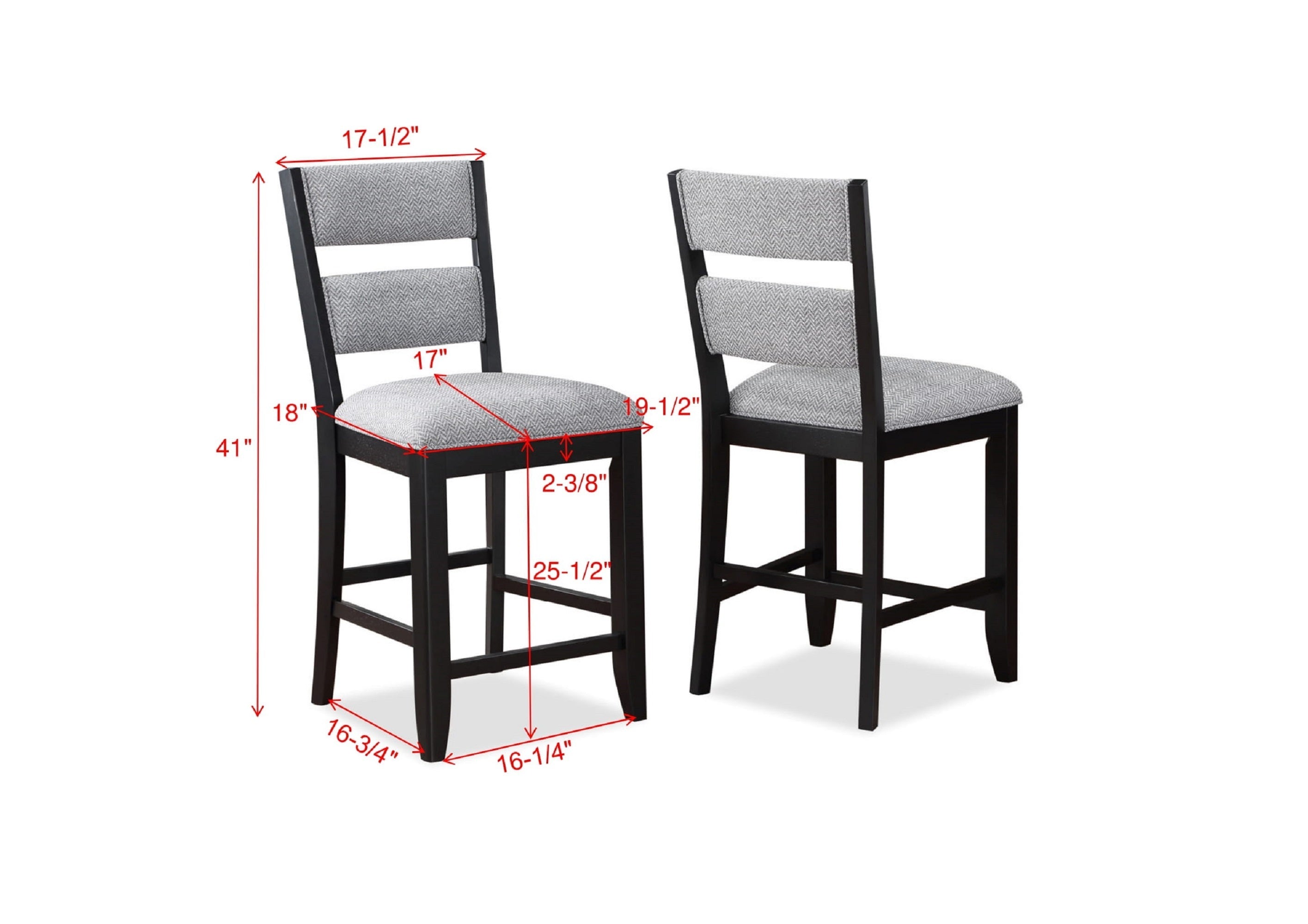 2pc Set Black Farmhouse Style Ladder Back Counter Height Side Chair Stool Gray Color Upholstered Seat and Back Dining Room Wooden Furniture