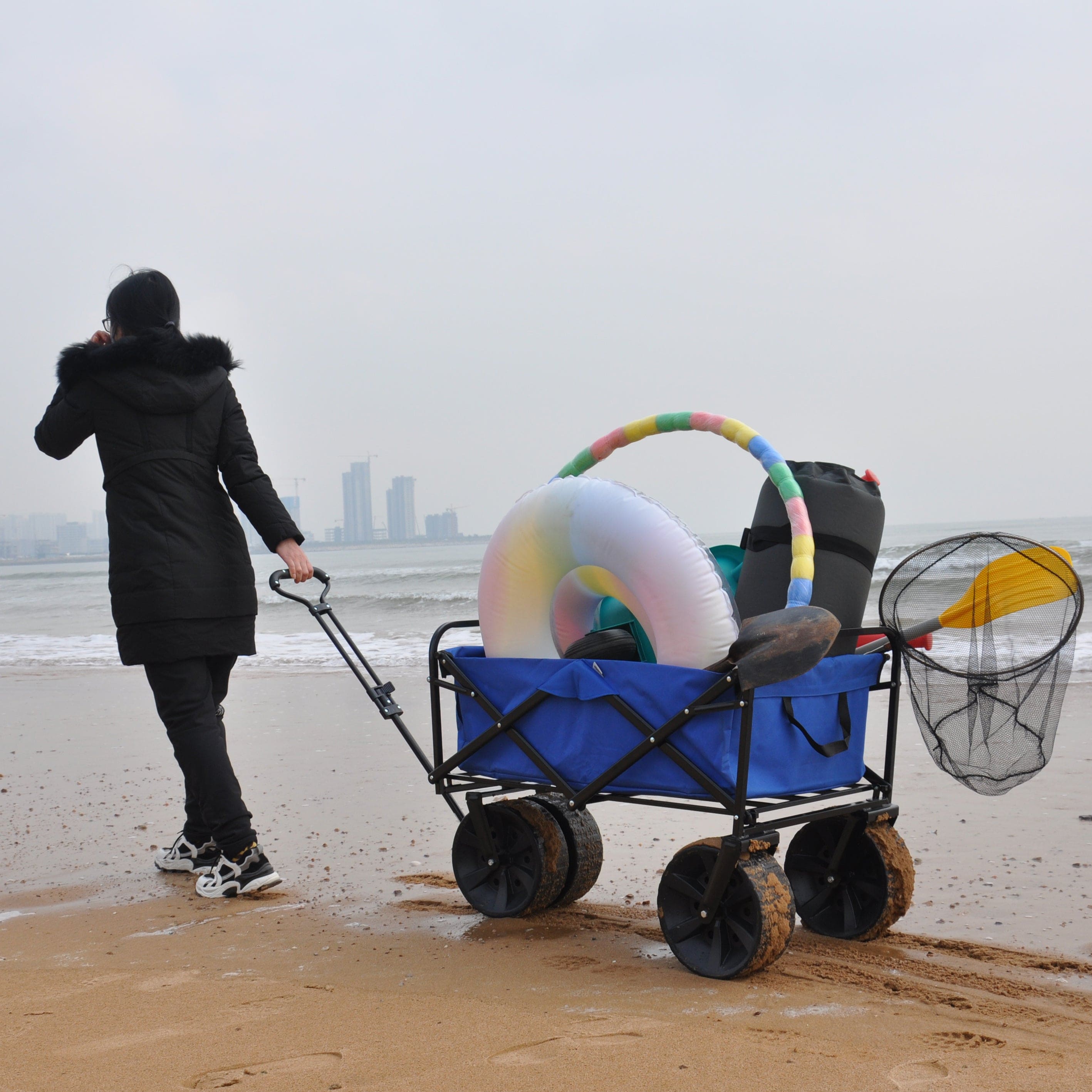 Folding Wagon Garden Shopping Beach Cart (Blue)