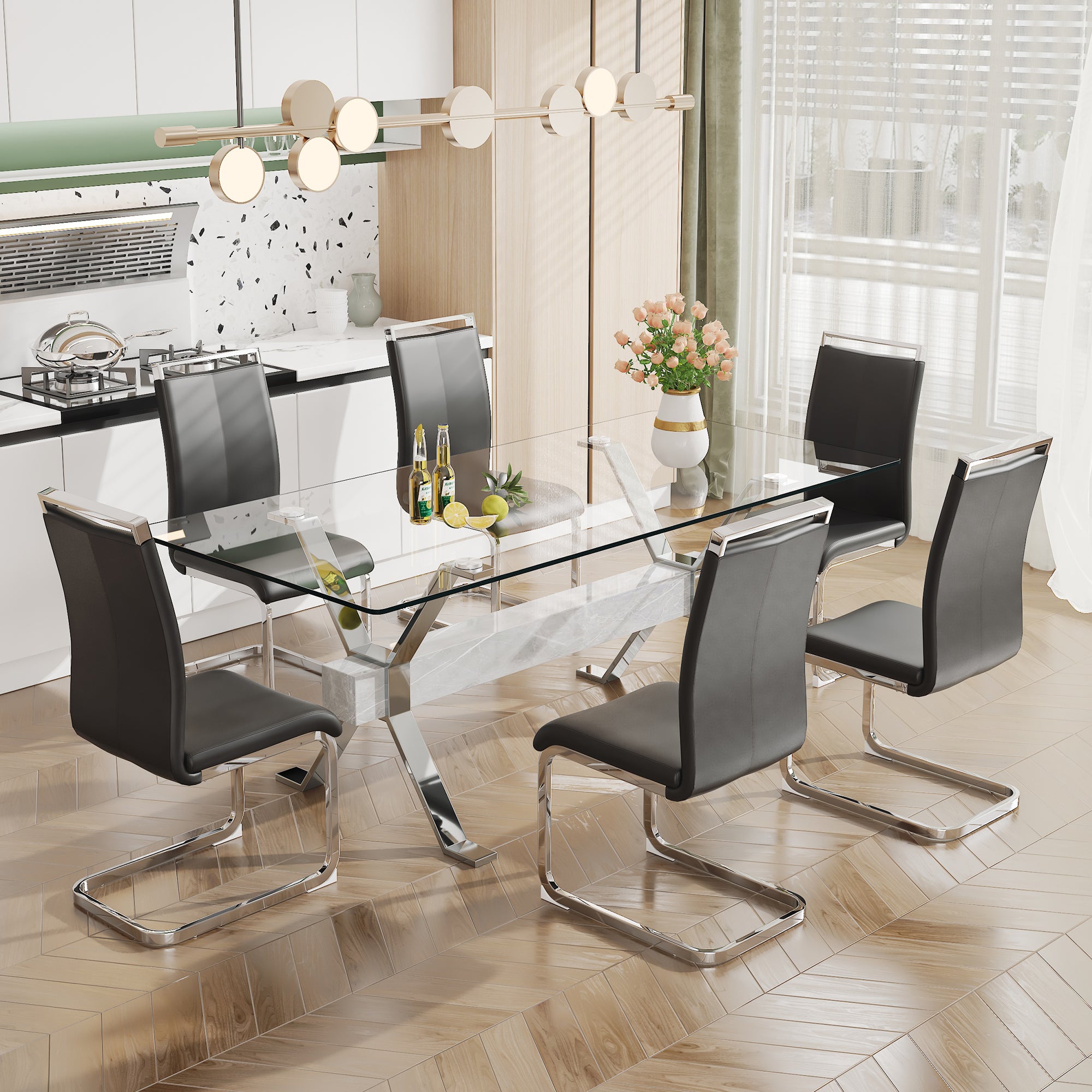 Dining table. Modern tempered glass dining table. Large modern office desk with silver plated metal legs and MDF crossbars, suitable for both home and office use. Kitchen. 79 ''x39''x30 '' 1105