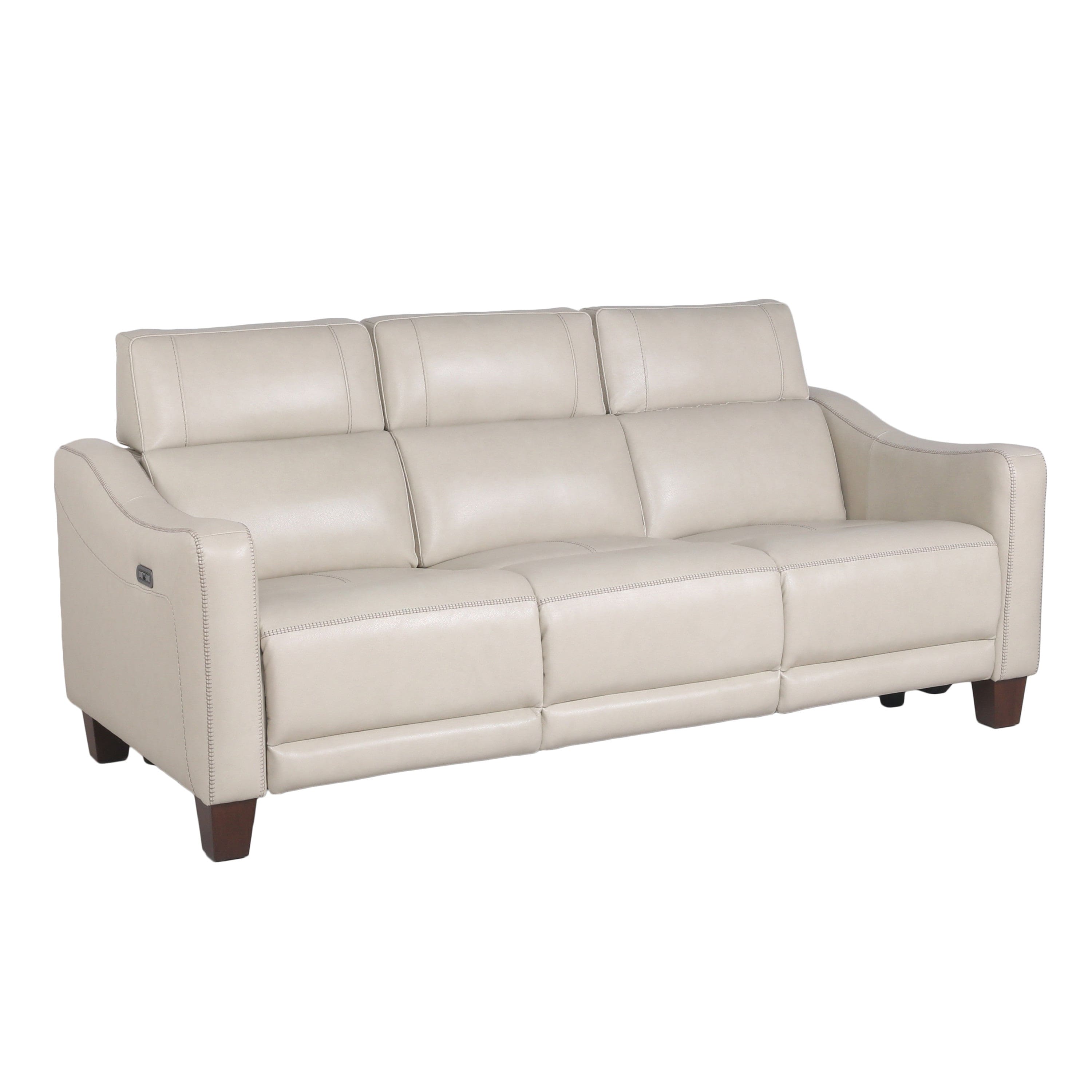 Transitional Dual-Power Leather Reclining Sofa - Wall-Saver Mechanism, Top Grain Leather - Ivory Color, Stylish Design