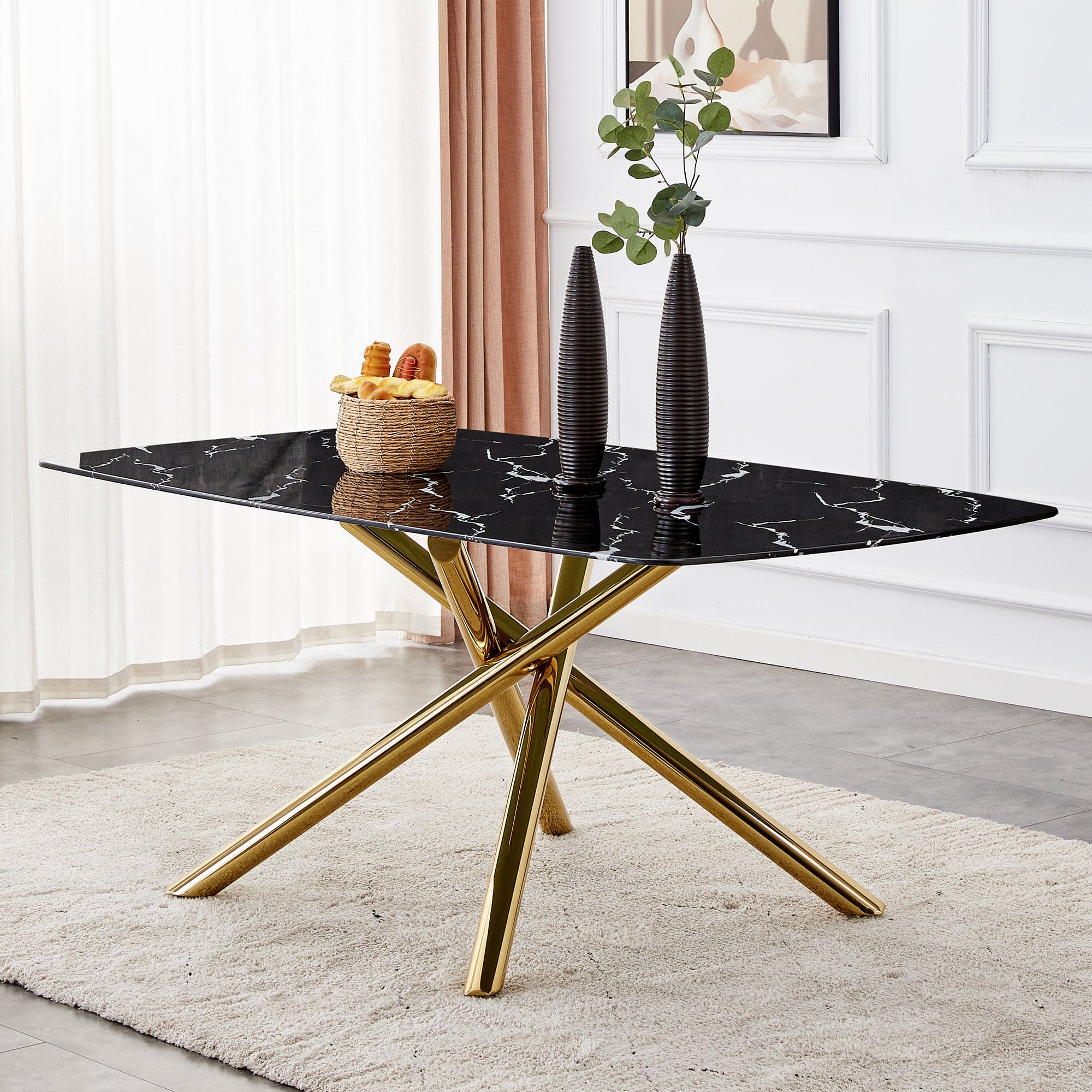 Large modern minimalist rectangular dining table with 0.39 "imitation marble black tabletop and golden metal legs, for Kitchen Dining Living Meeting Room Banquet hall 1537