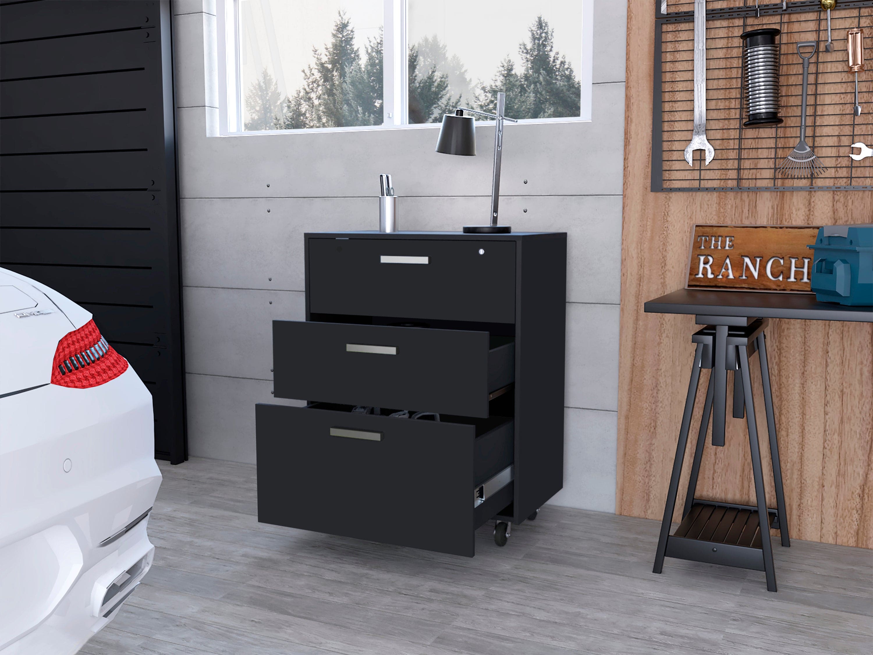 3 Drawers Storage Cabinet with Casters Lions Office, Black Wengue Finish