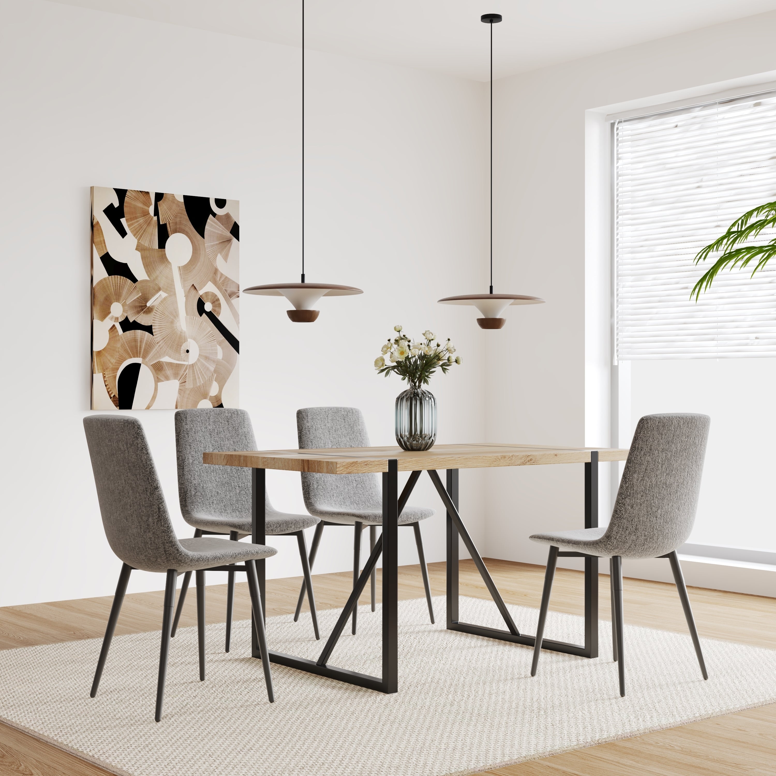 MDF Wood Colour Dining Table and Modern Dining Chairs Set of 4, Mid Century Wooden Kitchen Table Set, Metal Base & Legs, Dining Room Table and Linen Chairs