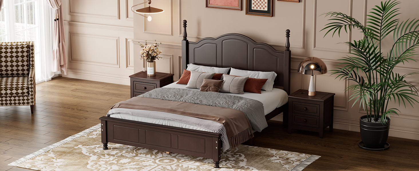 3-Pieces Bedroom Sets,Full Size Wood Platform Bed and Two Nightstands-Dark Walnut